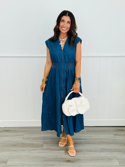 Denim Blue Sleeveless Midi Dress (Reg. and Plus)