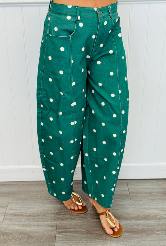 Hunter Green Denim Polka Dot Wide Leg Pants (Reg.)