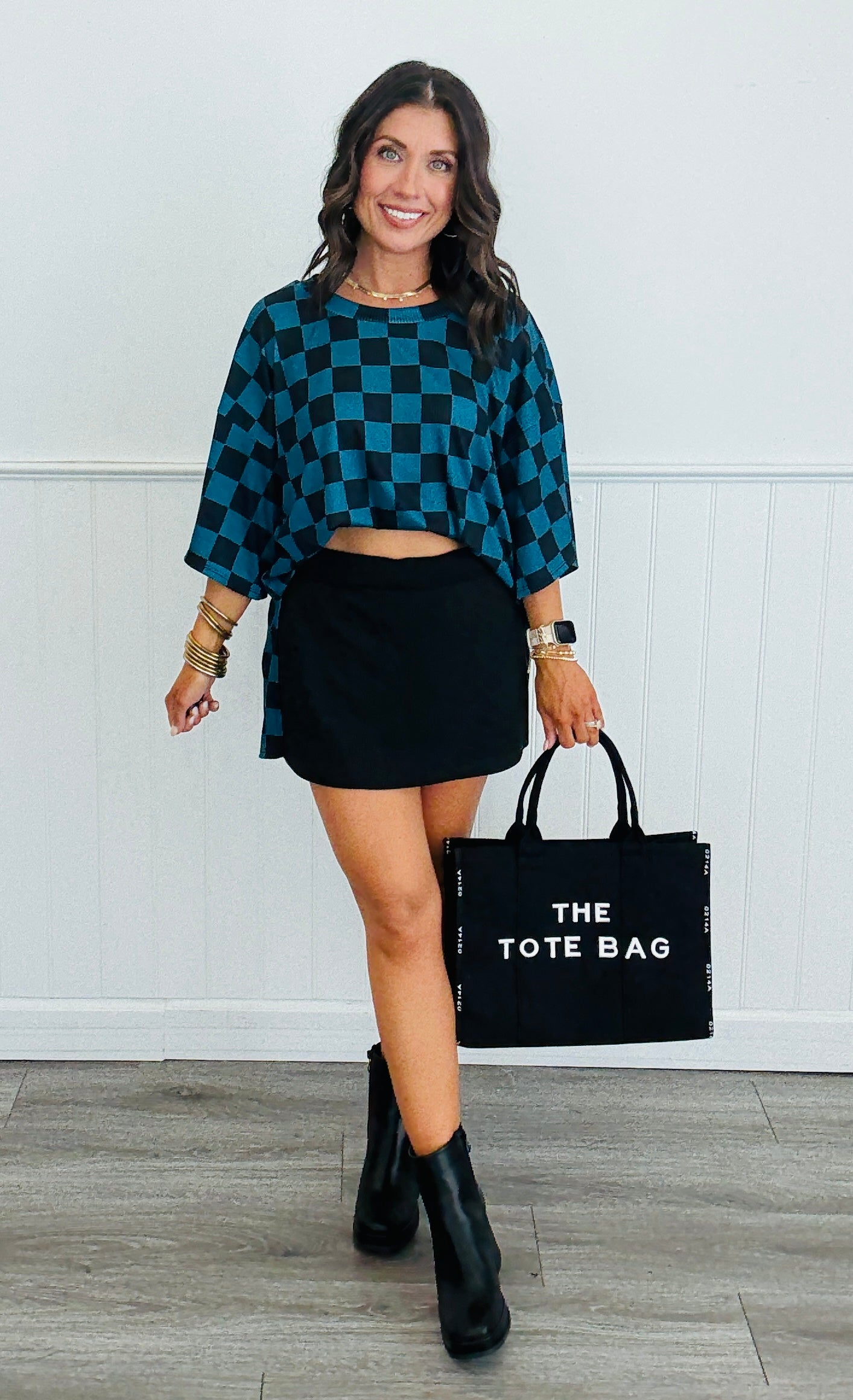 Teal/Black Checkered Print Top and Pants Set (Reg. and Plus)