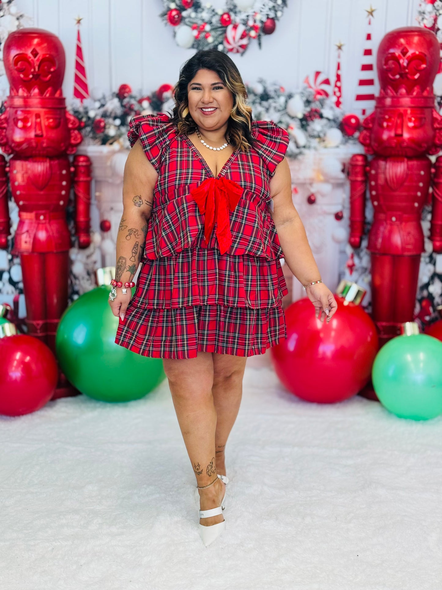 Red Plaid Velvet Bow Mini Dress (Reg. and Plus)