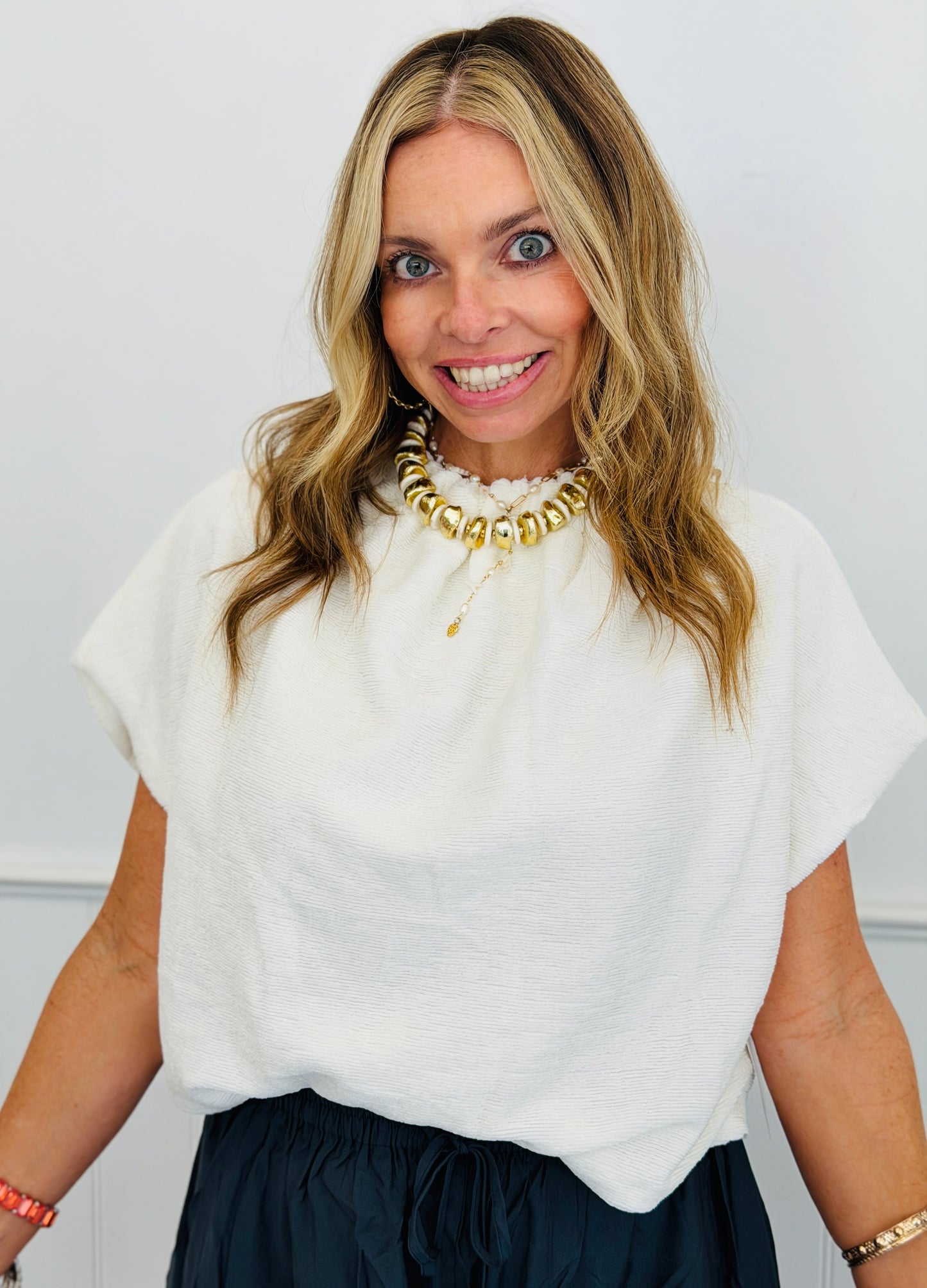 Ivory Gathered Balloon Neck Top (Reg.)