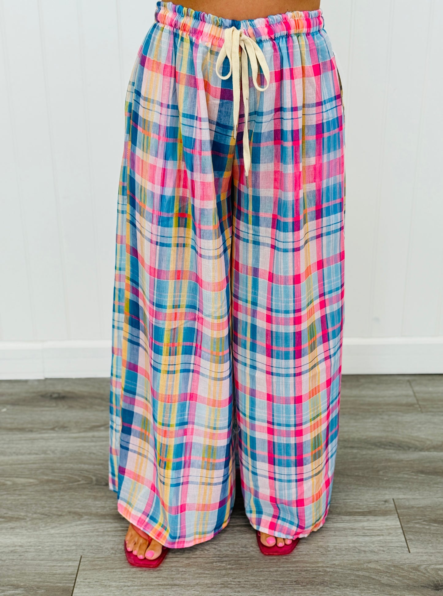 Plaid Pocket Wide Leg Pants (One Size)