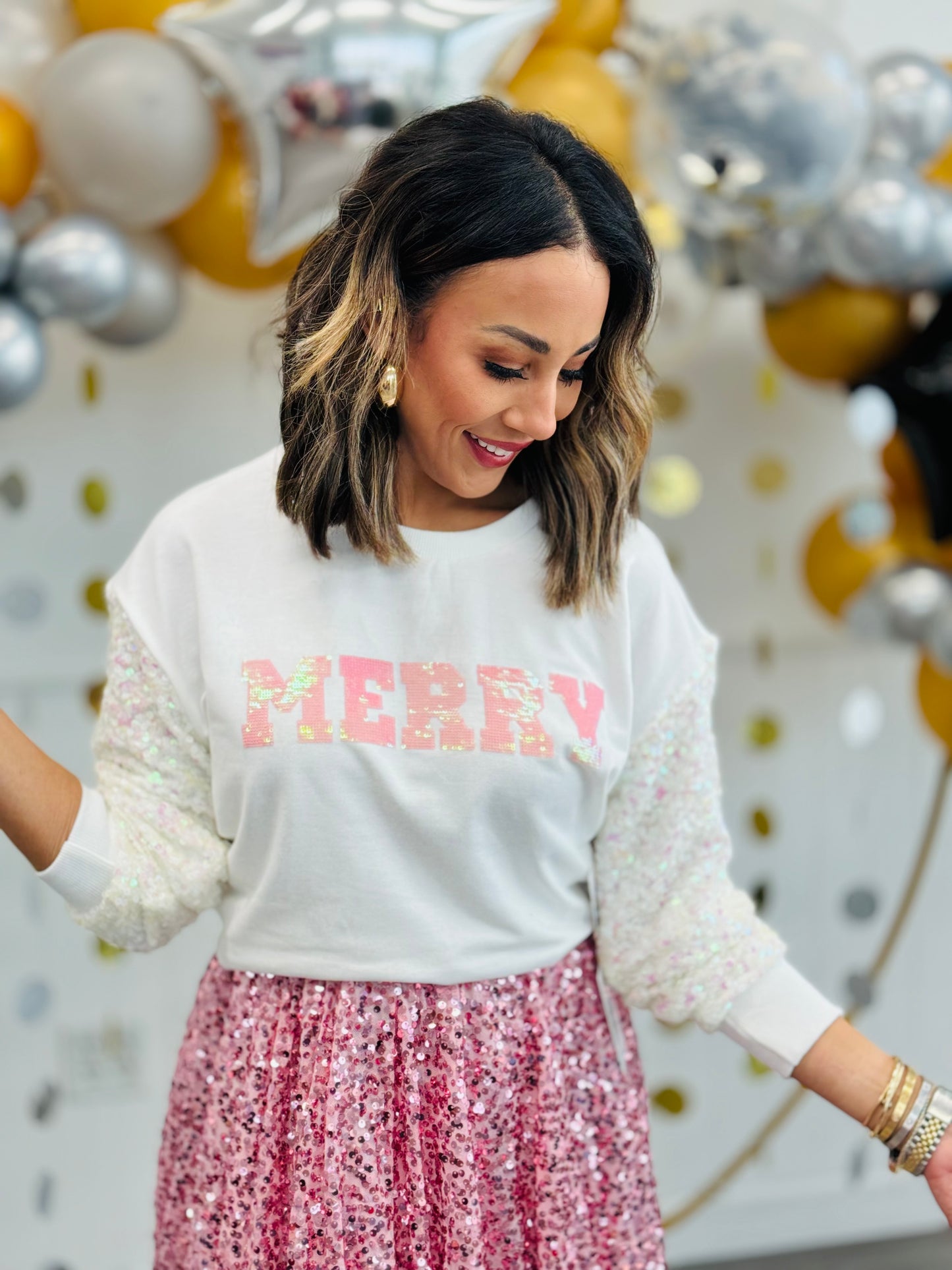 Merry White Sweatshirt with Sequin Sleeves