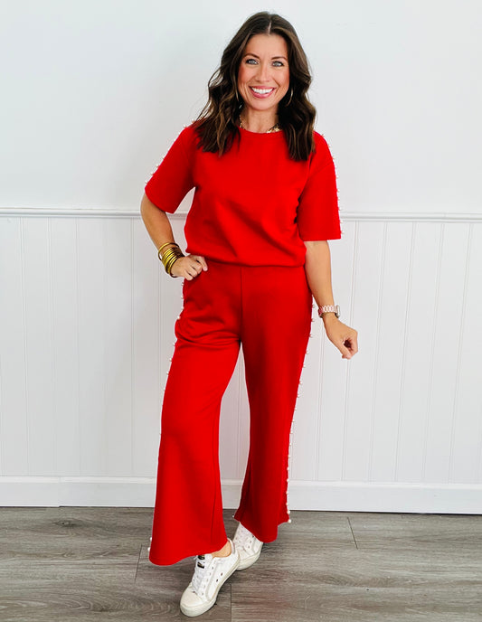 Red Lined Pearl Wide Leg Pants (Reg. and Plus)