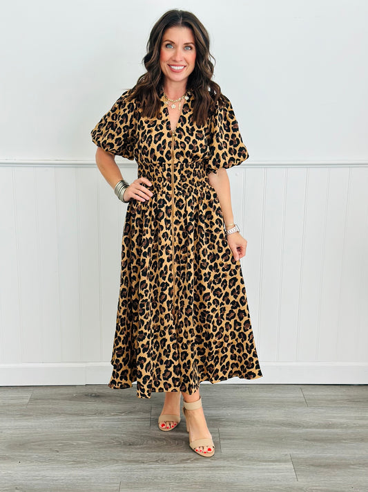 Camel Leopard Zip Front Midi Dress (Reg & Plus)