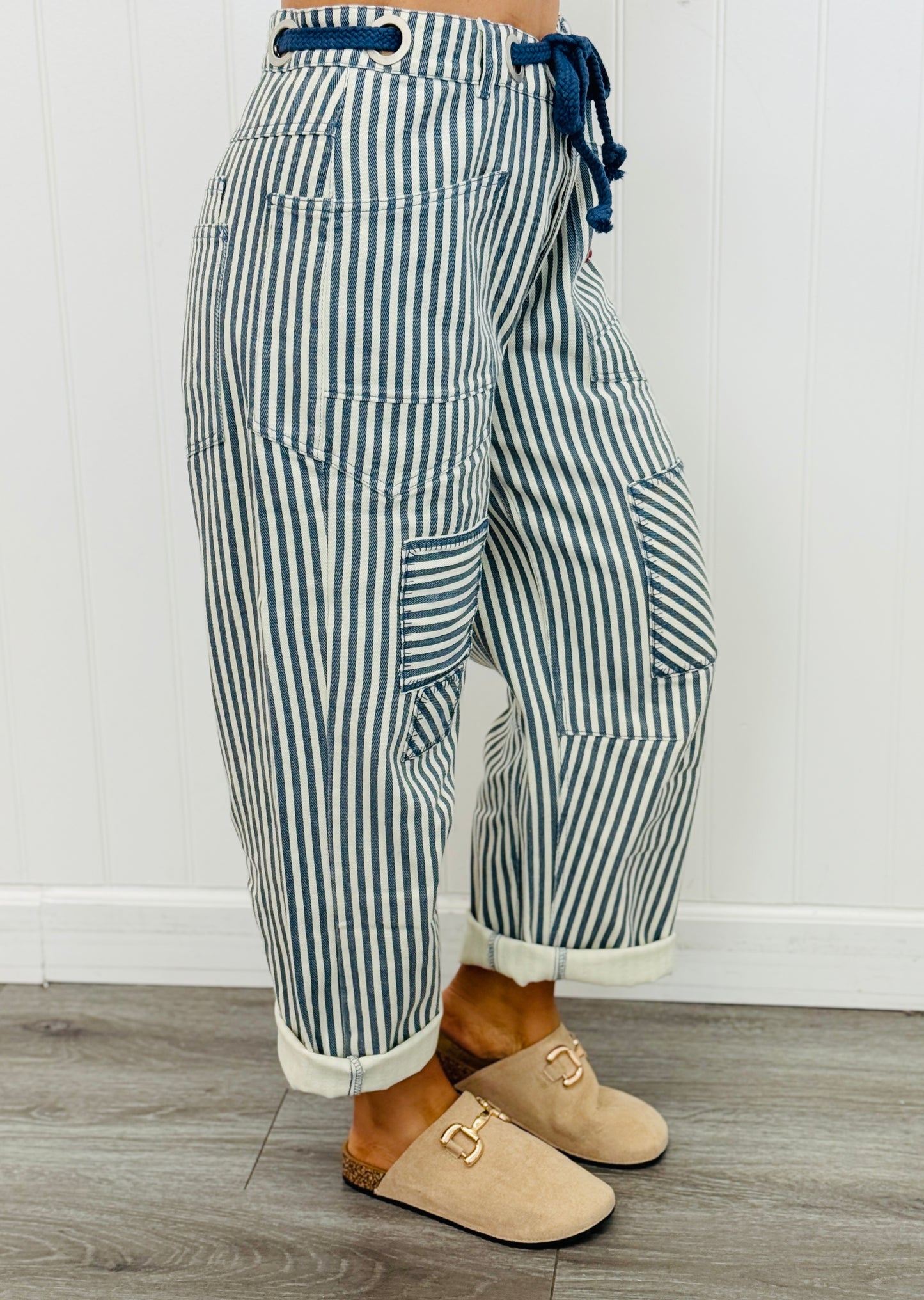Navy Striped Twill Barrel Pants (Reg & Plus)