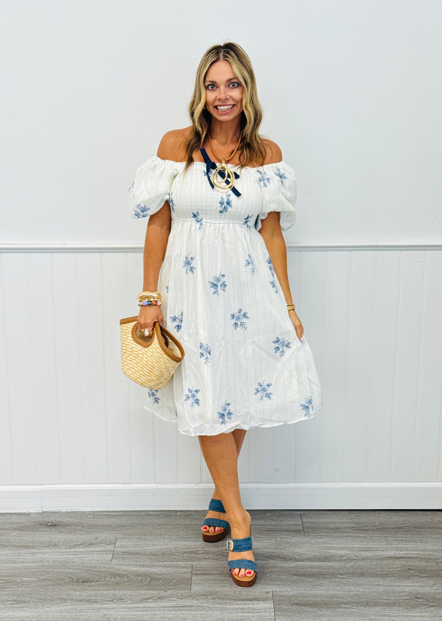 Blue Multi Striped Floral Midi Dress (Reg & Plus)