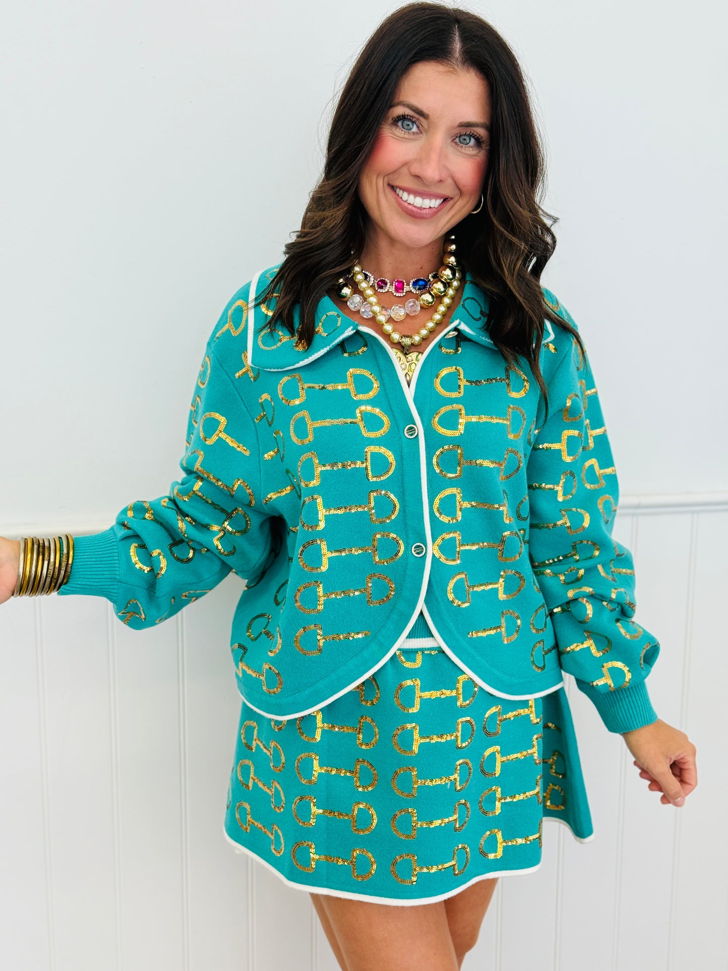 Queen Of Sparkles Mint & Gold Horse Knit Skirt (Reg. & Plus)