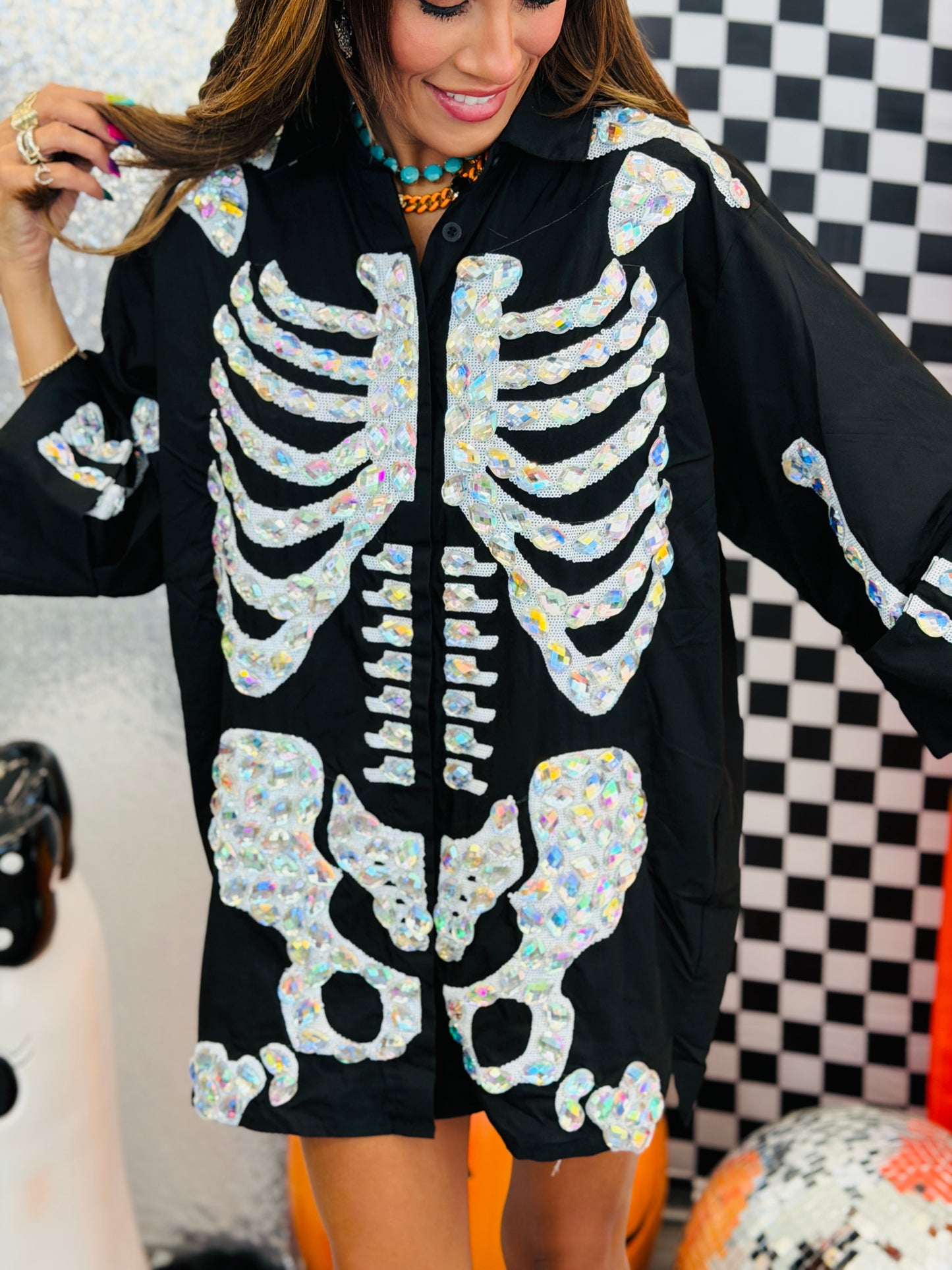 Queen Of Sparkles Black Iridescent Jeweled Skeleton Tunic Top (Reg. and Plus)