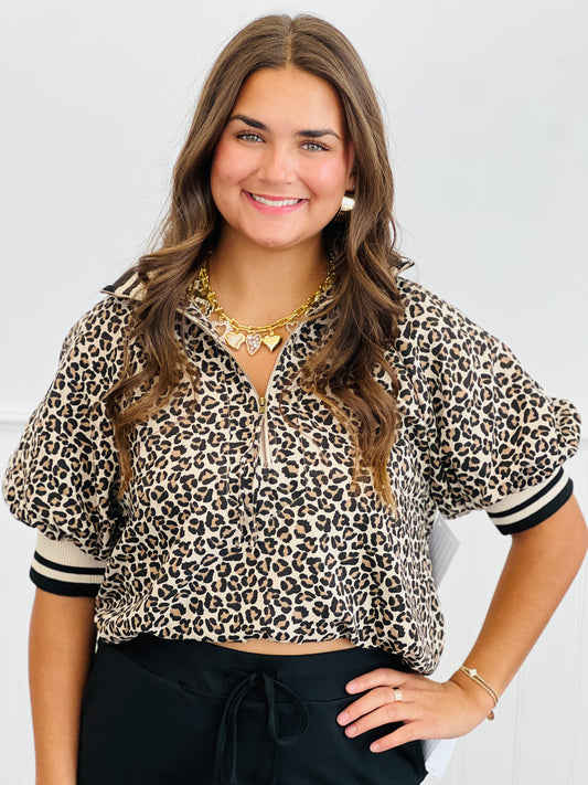 Taupe Leopard Half Zip Blouse (Reg.)