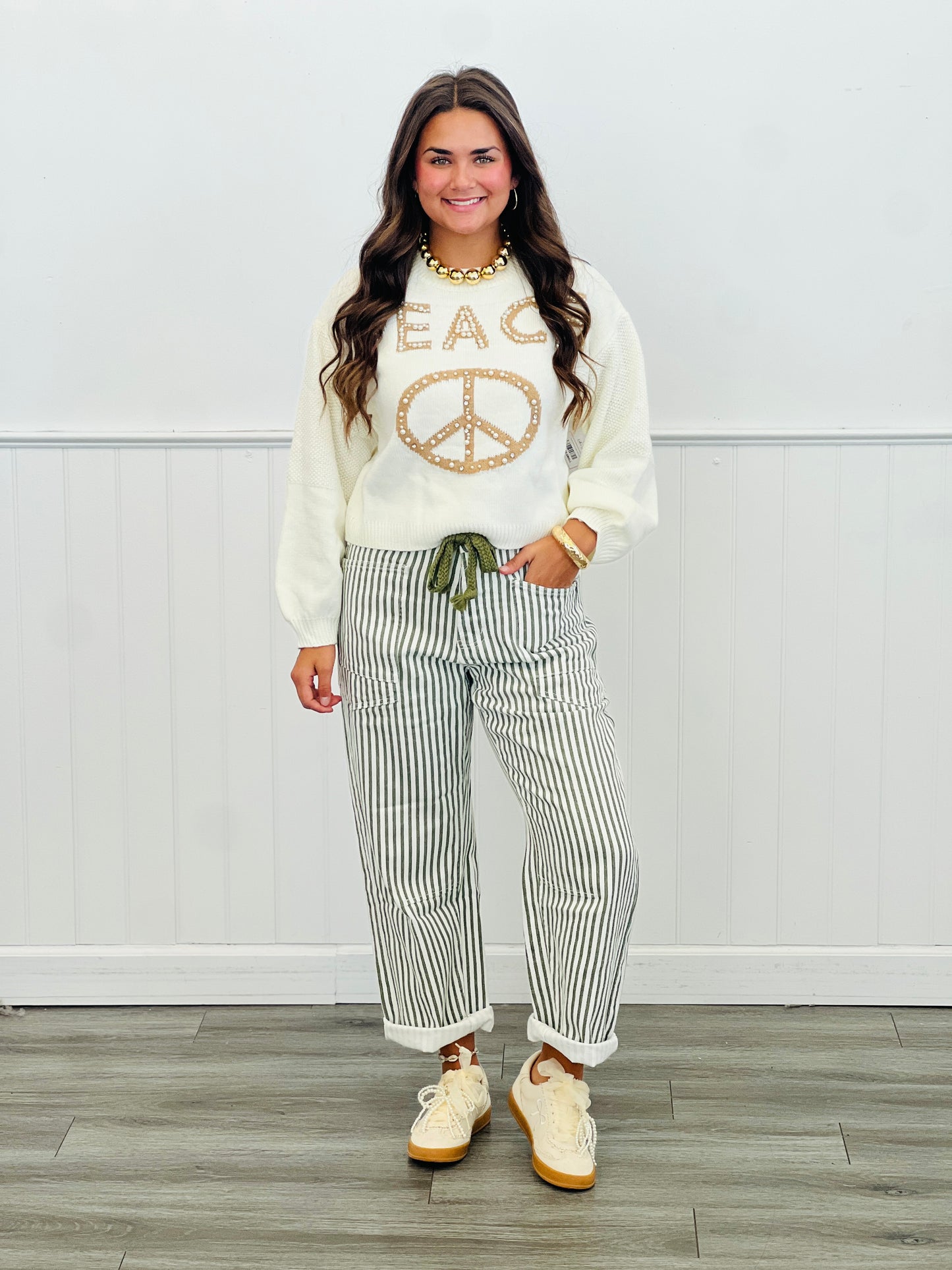 Cream Knit Pearl Studs Stone Sweater Top (Reg. and Plus)