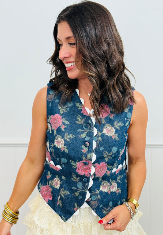 Floral Denim RicRac Trim Vest Top (Reg & Plus)