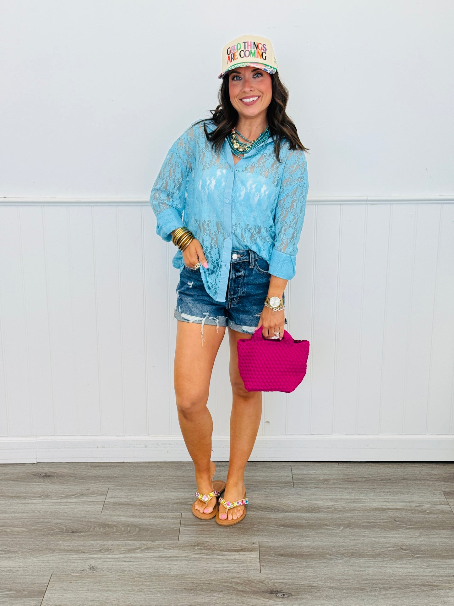 Blue  Lace Kathryn Button-Up Blouse (Reg. and Plus)