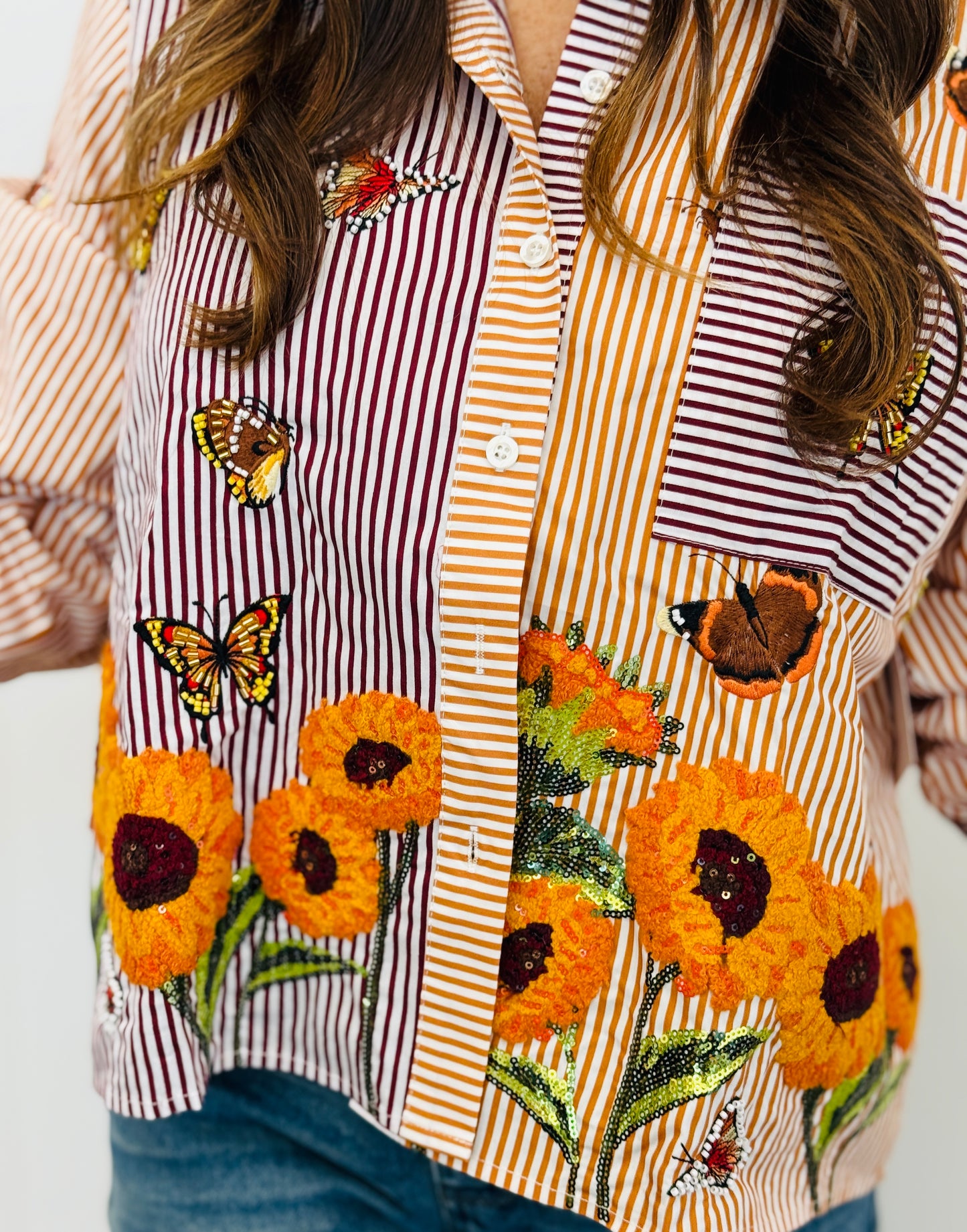 Queen Of Sparkles Striped Butterfly & Sunflower Button Up Top (Reg. and Plus)