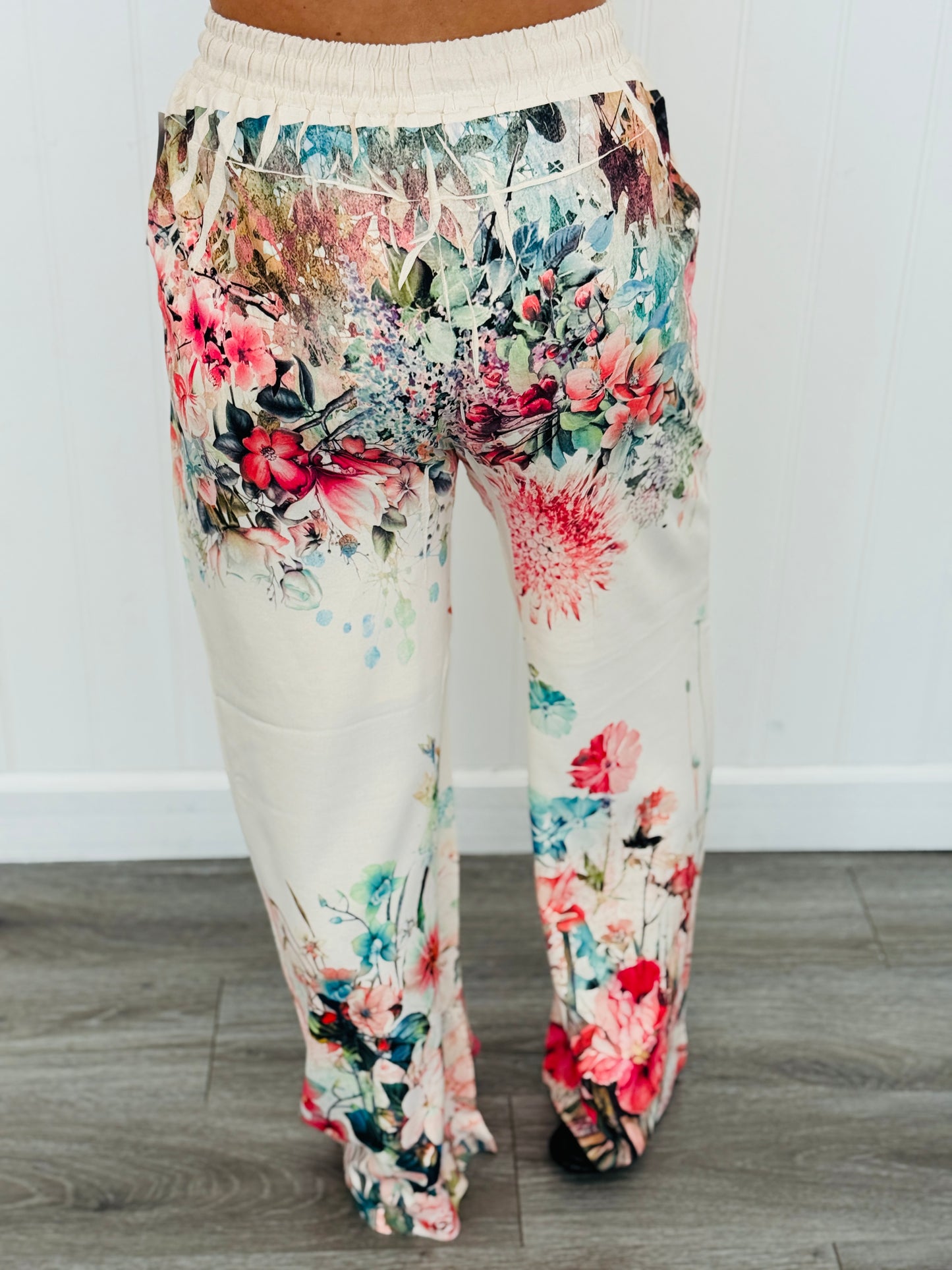 Beige Rose Drawstring Wide Leg Pants (Reg. and Plus)
