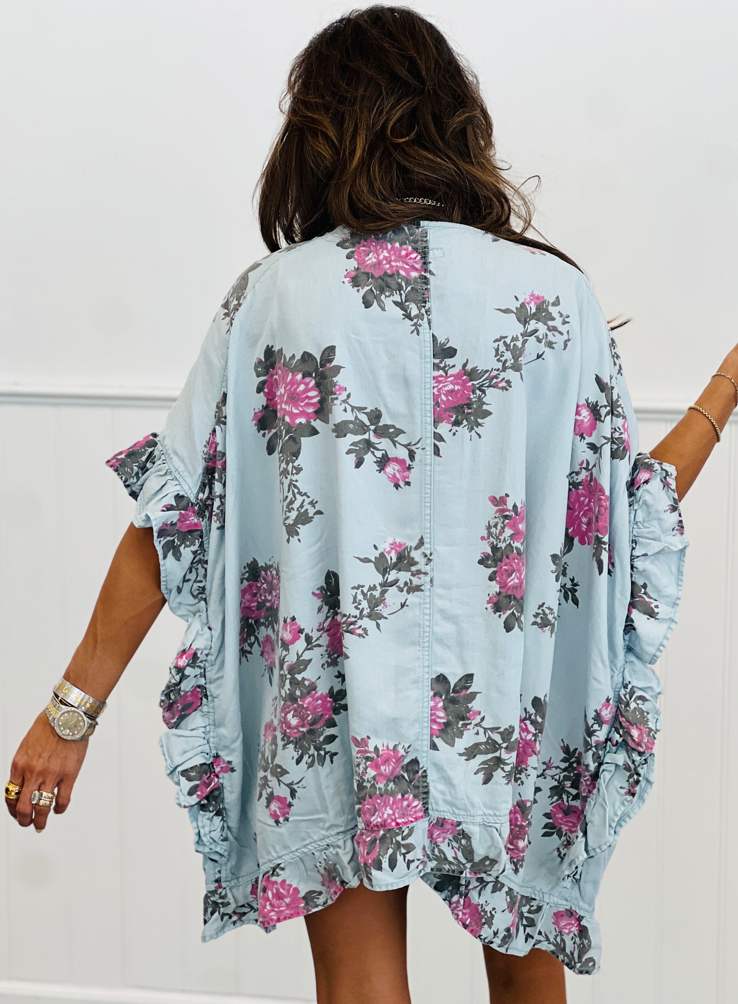 Chambray Flower Child Ruffled Cardigan (Reg & Plus)-2 Colors