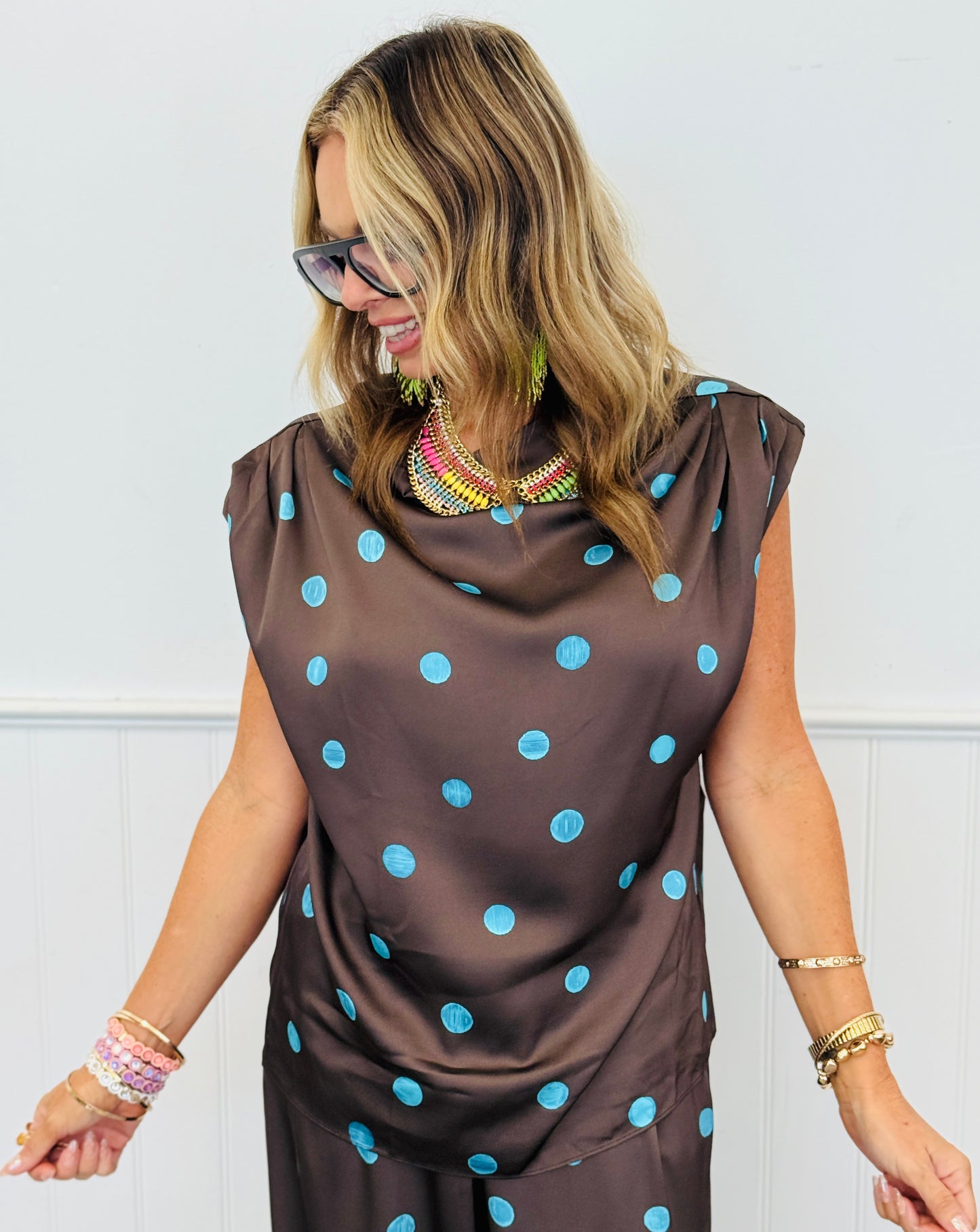 Polka Dot Cowl Mock Neck Sleeveless Top (Reg.) - 4 Colors