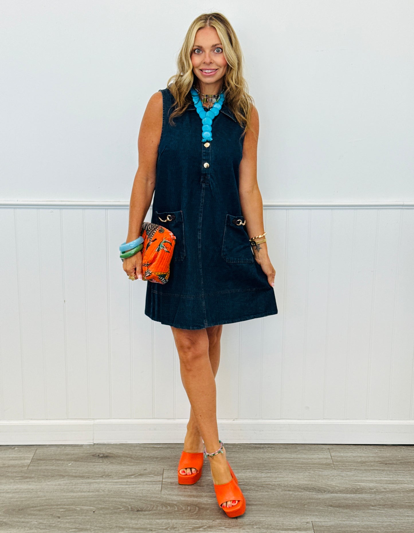 Denim Buckle Accent Mini Dress (Reg.)