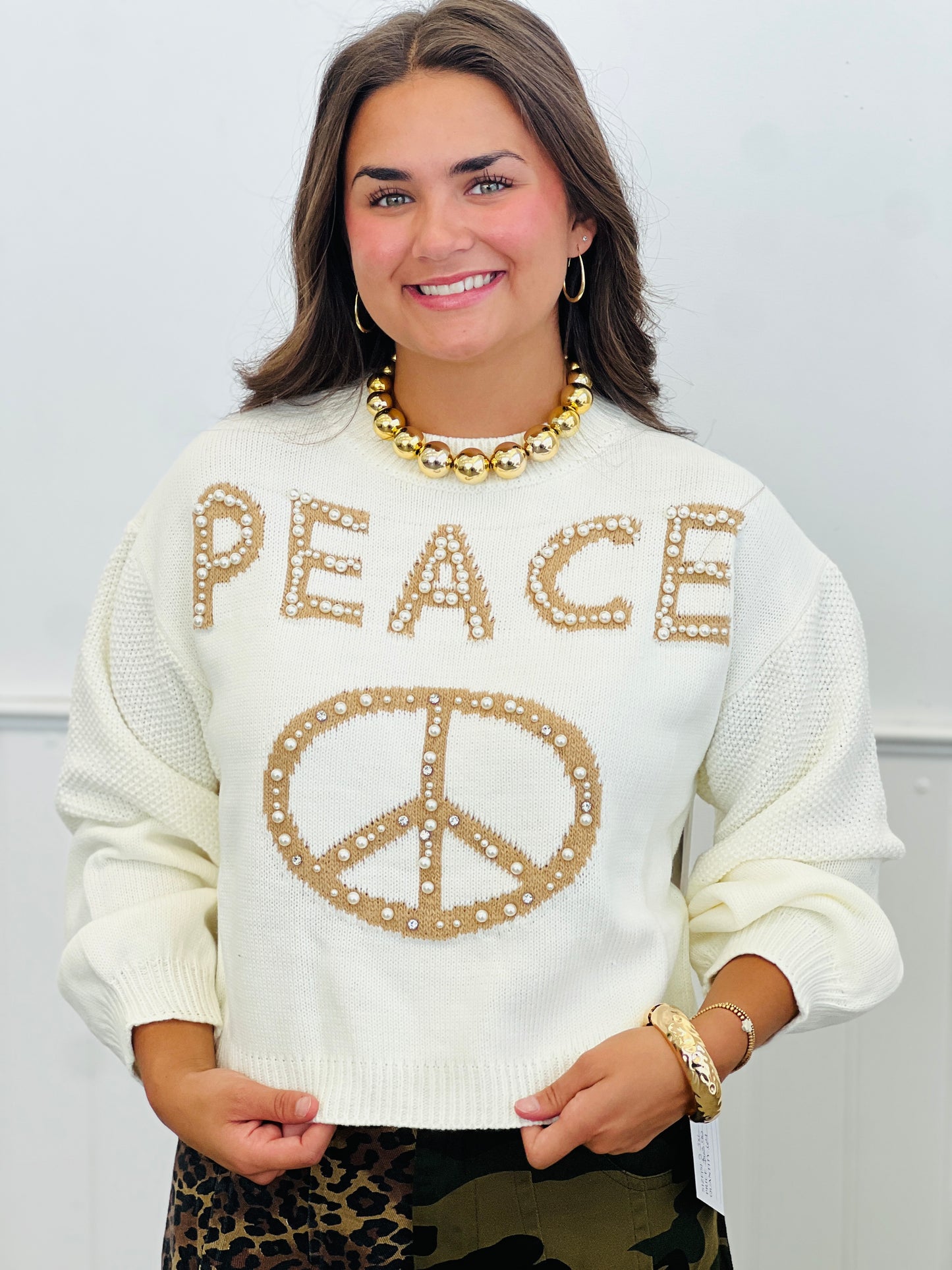 Cream Knit Pearl Studs Stone Sweater Top (Reg. and Plus)