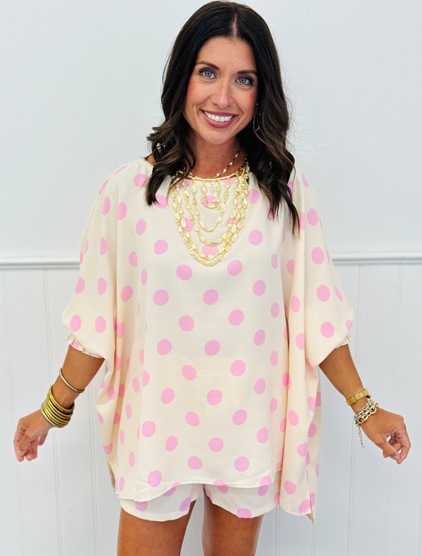 Ecru/Pink Polka Dot Lounge Set (Reg. & Plus)