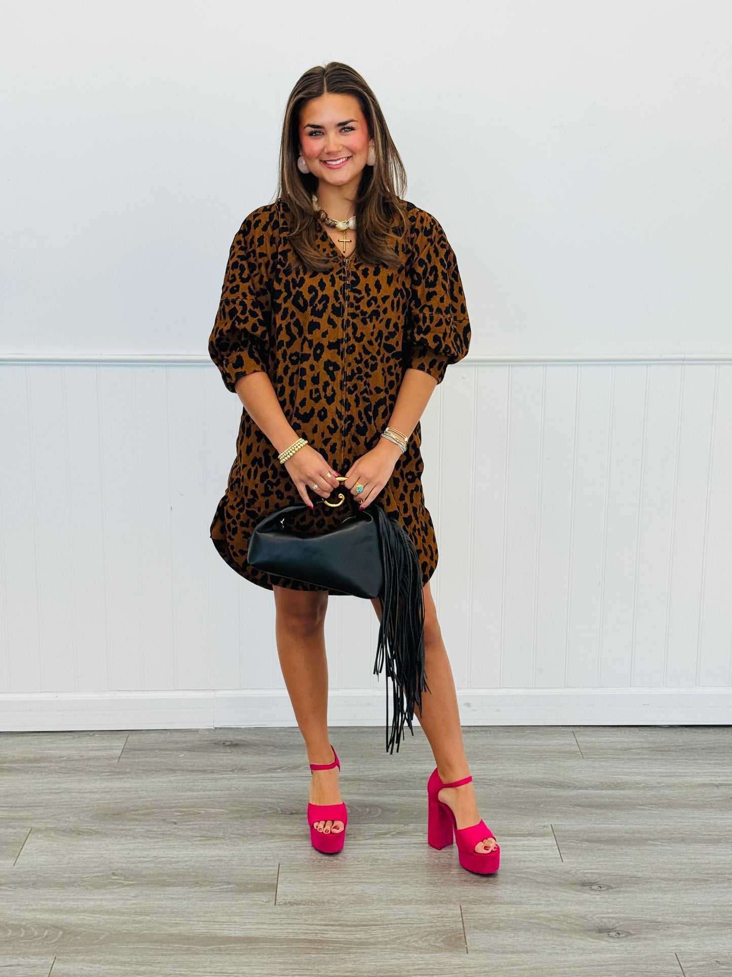 Caramel Leopard Print Zip Front Mini Dress (Reg & Plus)