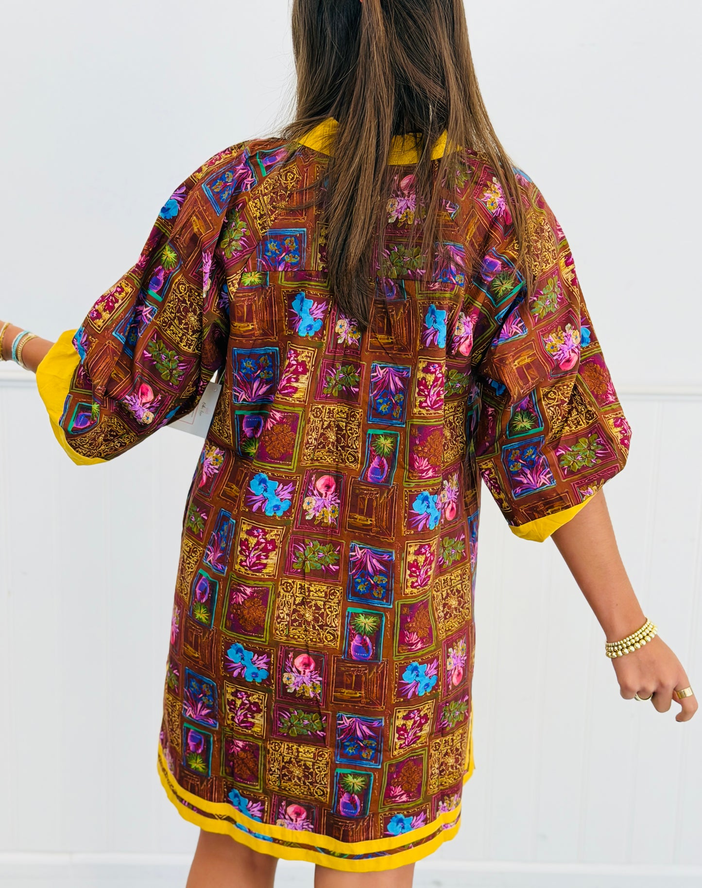 Brown Botanical Puff Sleeve Tunic Mini Dress (Reg. and Plus)