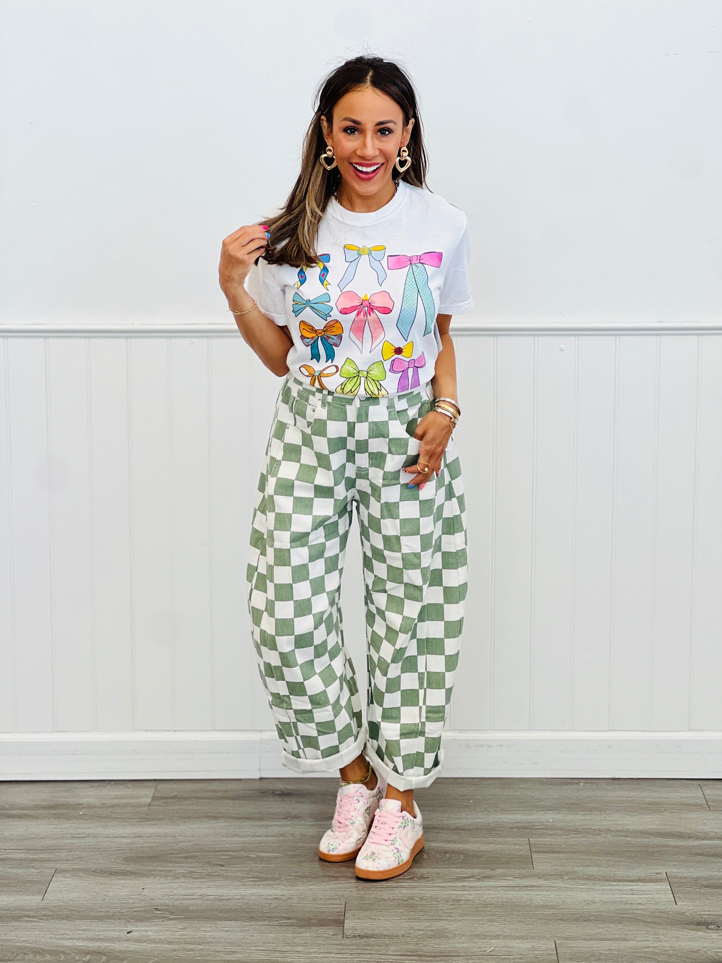 Sage Checkered Print Denim Barrel Pants (Reg & Plus)