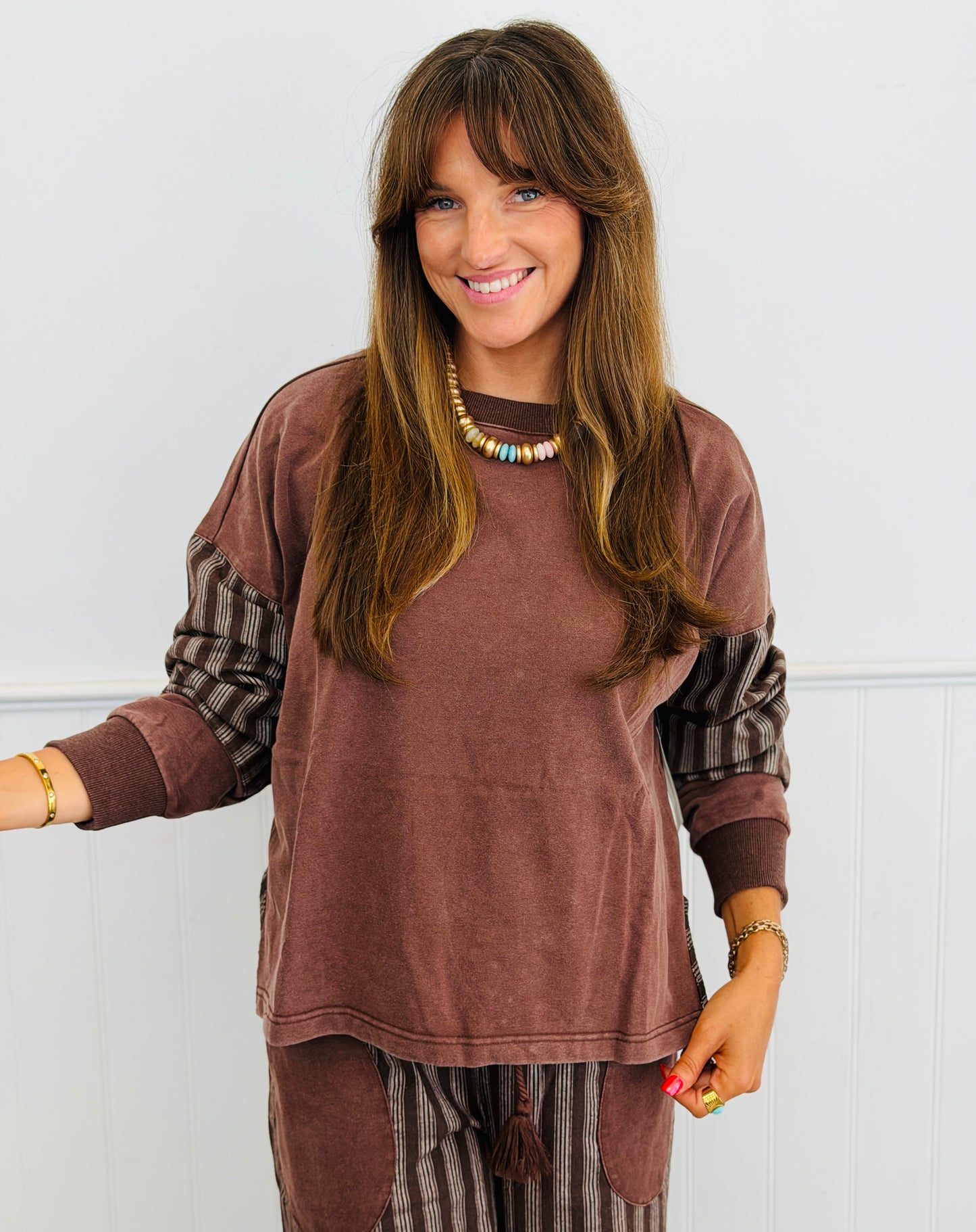 Washed Brown Striped Sweatshirt & Pants Set (Reg & Plus)