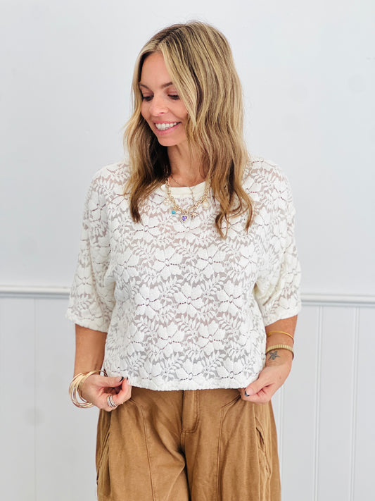 Cream Floral Lace Boxy Top  (Reg & Plus)