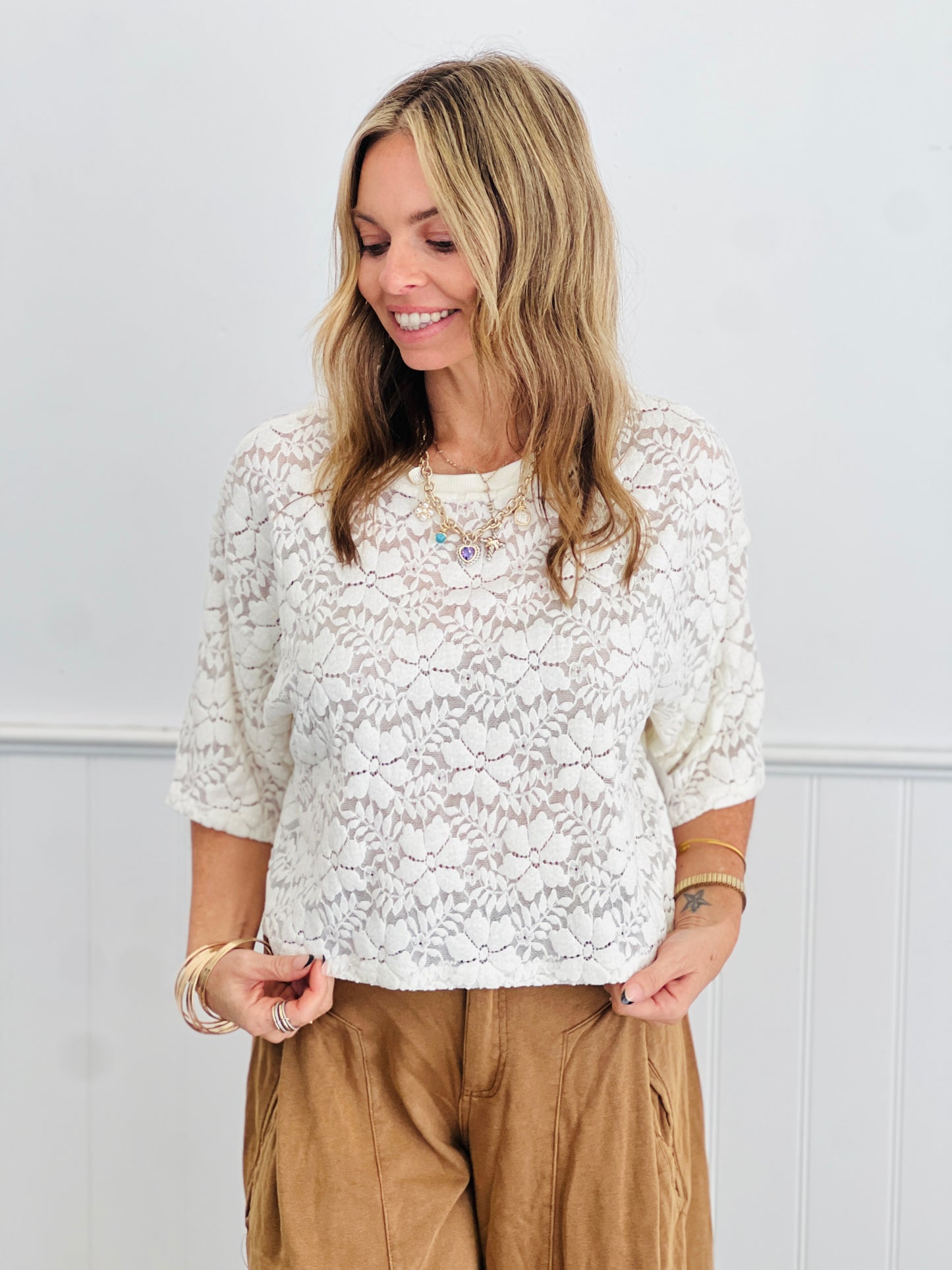 Cream Floral Lace Boxy Top  (Reg & Plus)