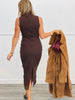 Brown Draped Shoulder Sleeveless Midi Dress (Reg.)