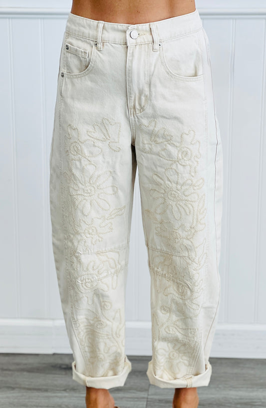 Beige Floral Embroidered Barrel Pants (Reg.)