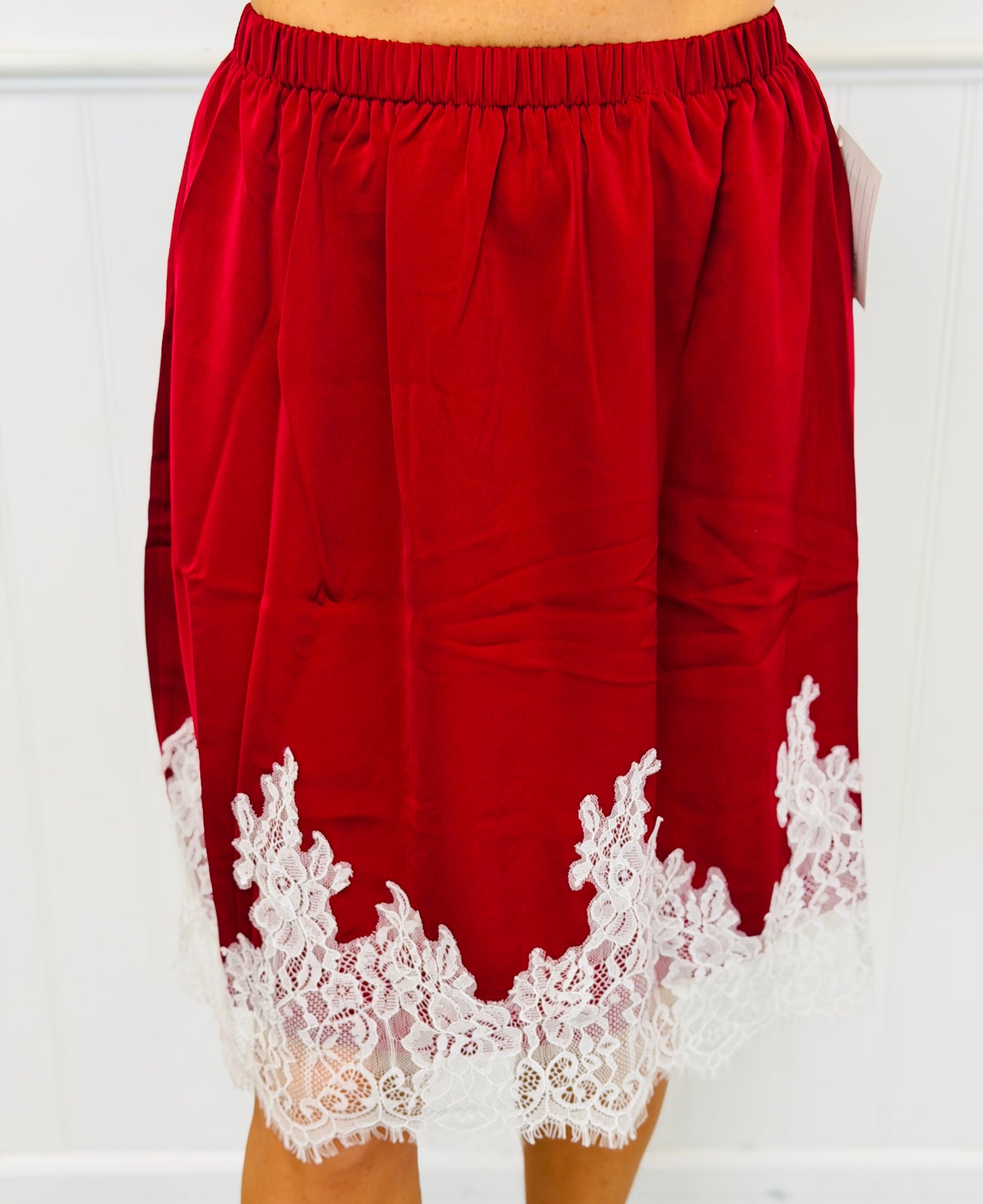 Satin Lace Trim Knee Length Skirt (Reg & Plus) - 2 Colors