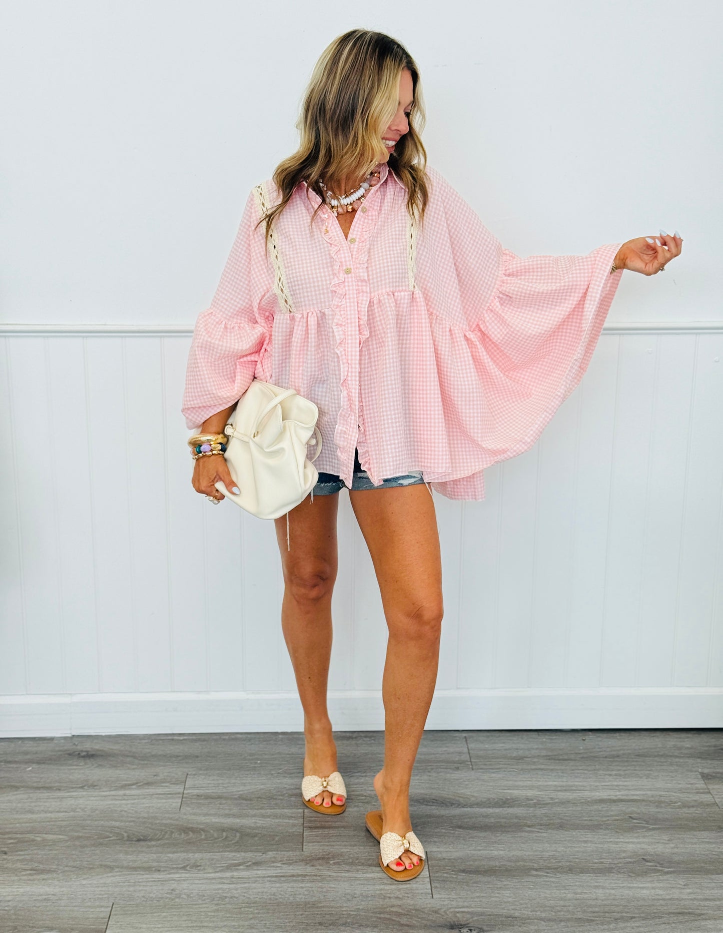 Pink Gingham Babydoll Long Sleeve Shirt (One Size)