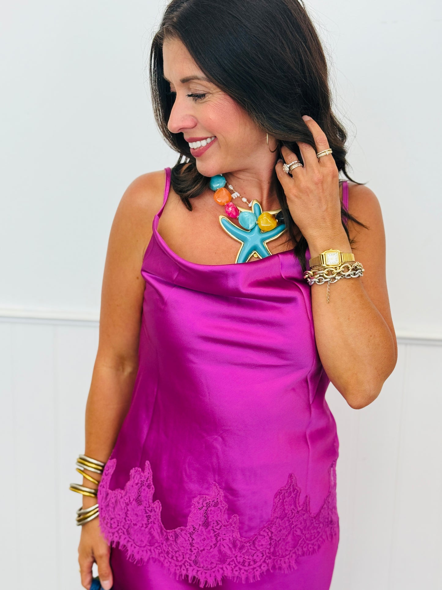 Magenta Satin Cowl Neck Cami Top (Reg.)