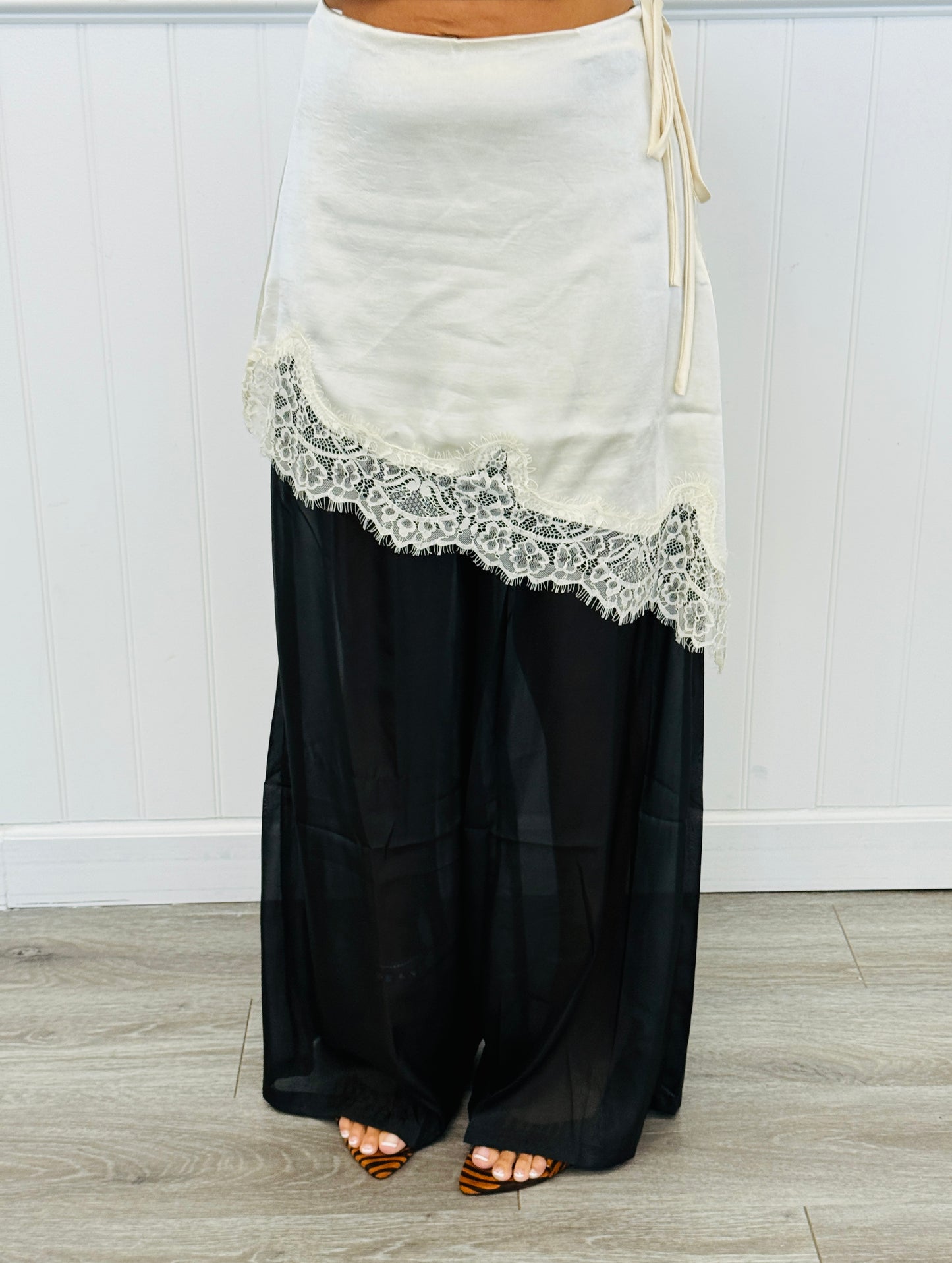 Satin Lace Trim Skirt Layered Over Sheer Pants (Reg.)