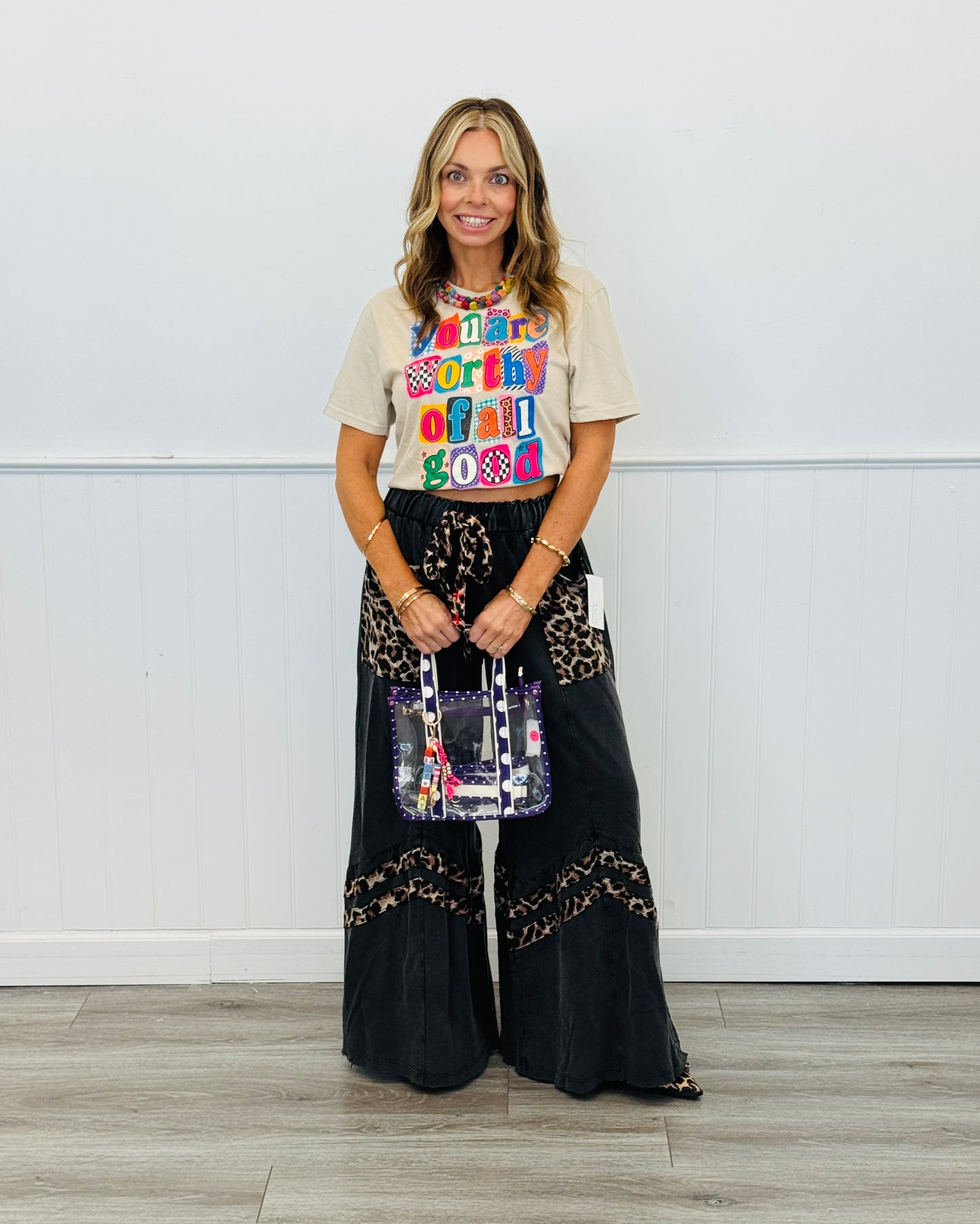 Washed Black Leopard Contrast Pants (Reg & Plus)