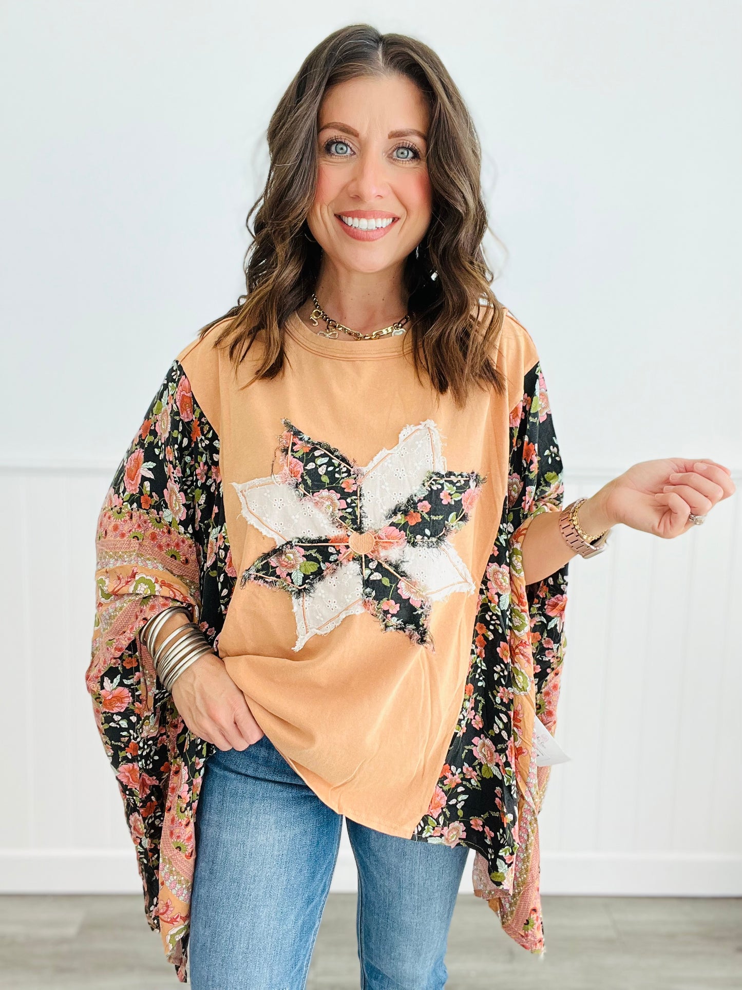 Terracotta Star Patch Poncho Top (Reg)