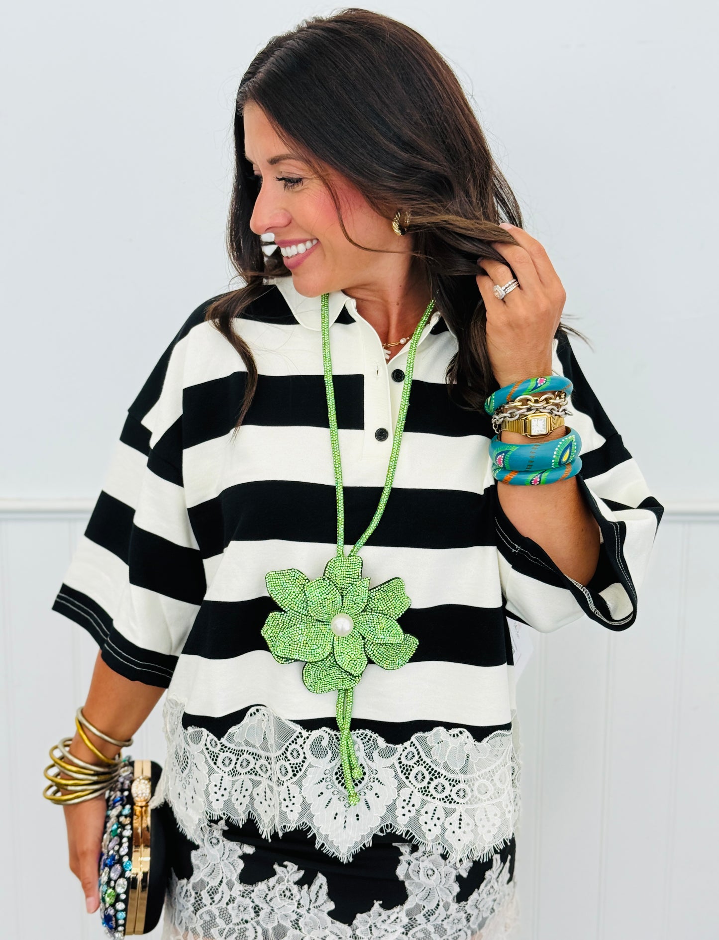 Striped Polo Lace Hem Top (Reg. )