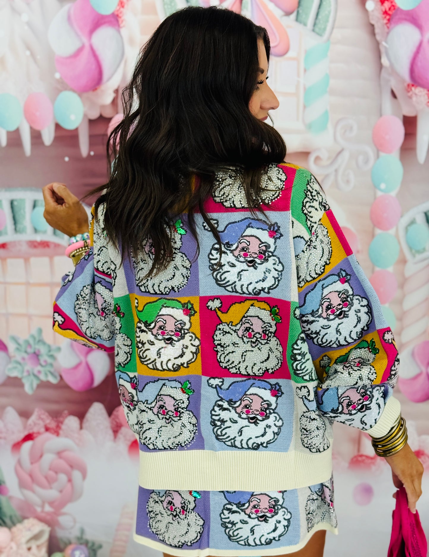 Queen Of Sparkles Pastel Colorblock Santa Button Up Cardigan (Reg. and Plus)