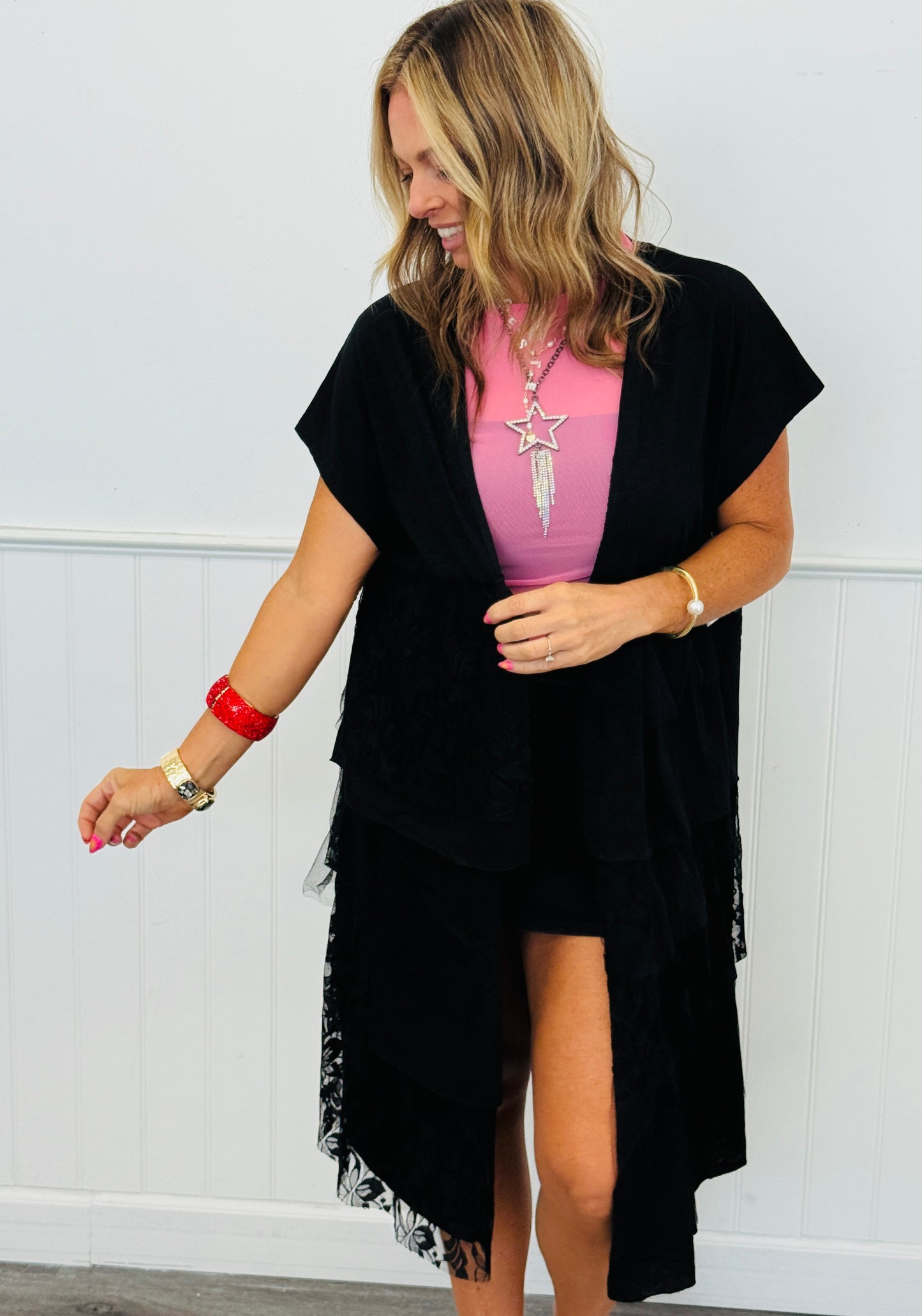 Black Lace Tiered Open Front Cardigan (Reg.)