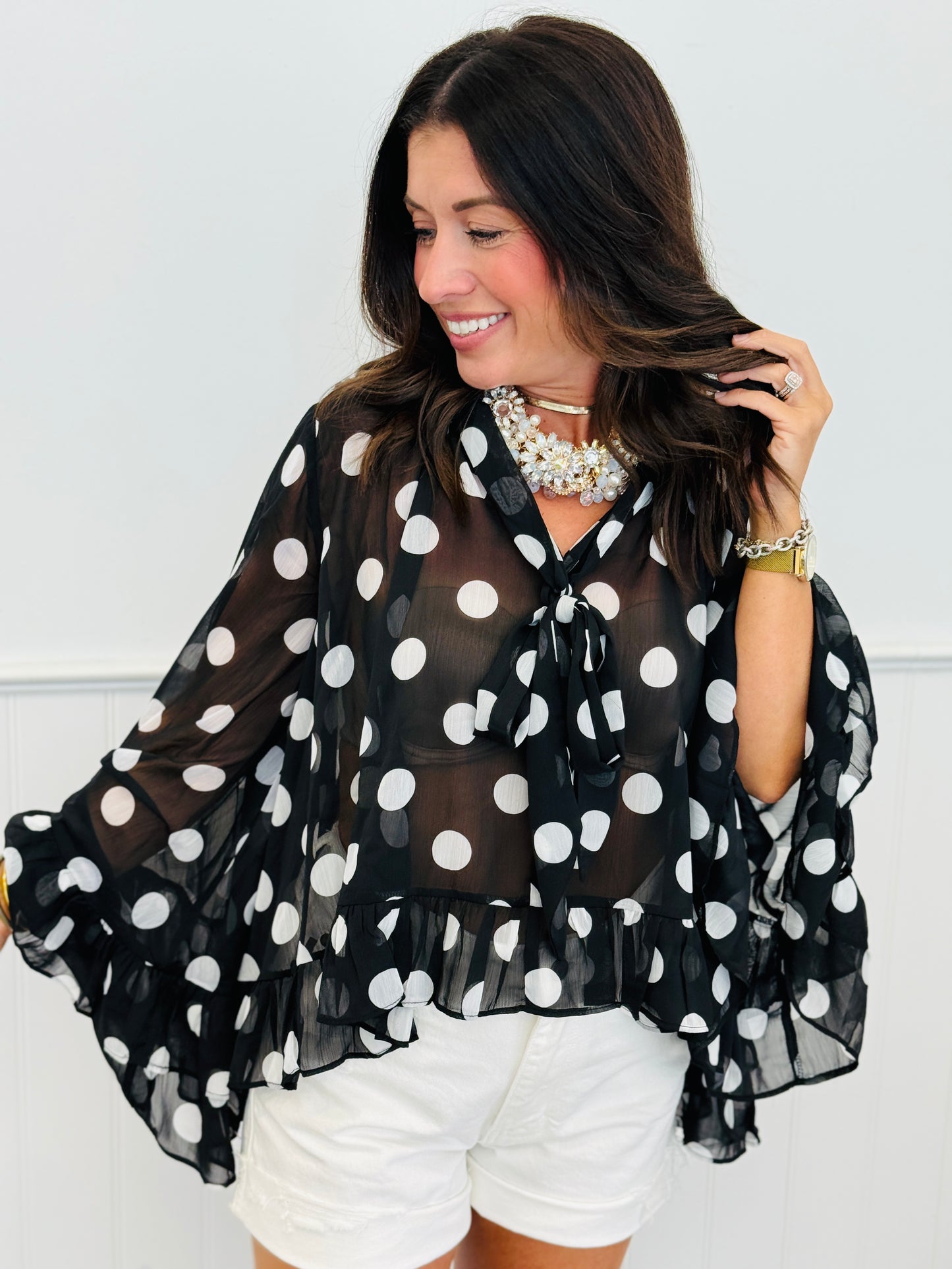 Polka Dot Ruffled Chiffon Blouse (Reg & Plus) - 2 Colors