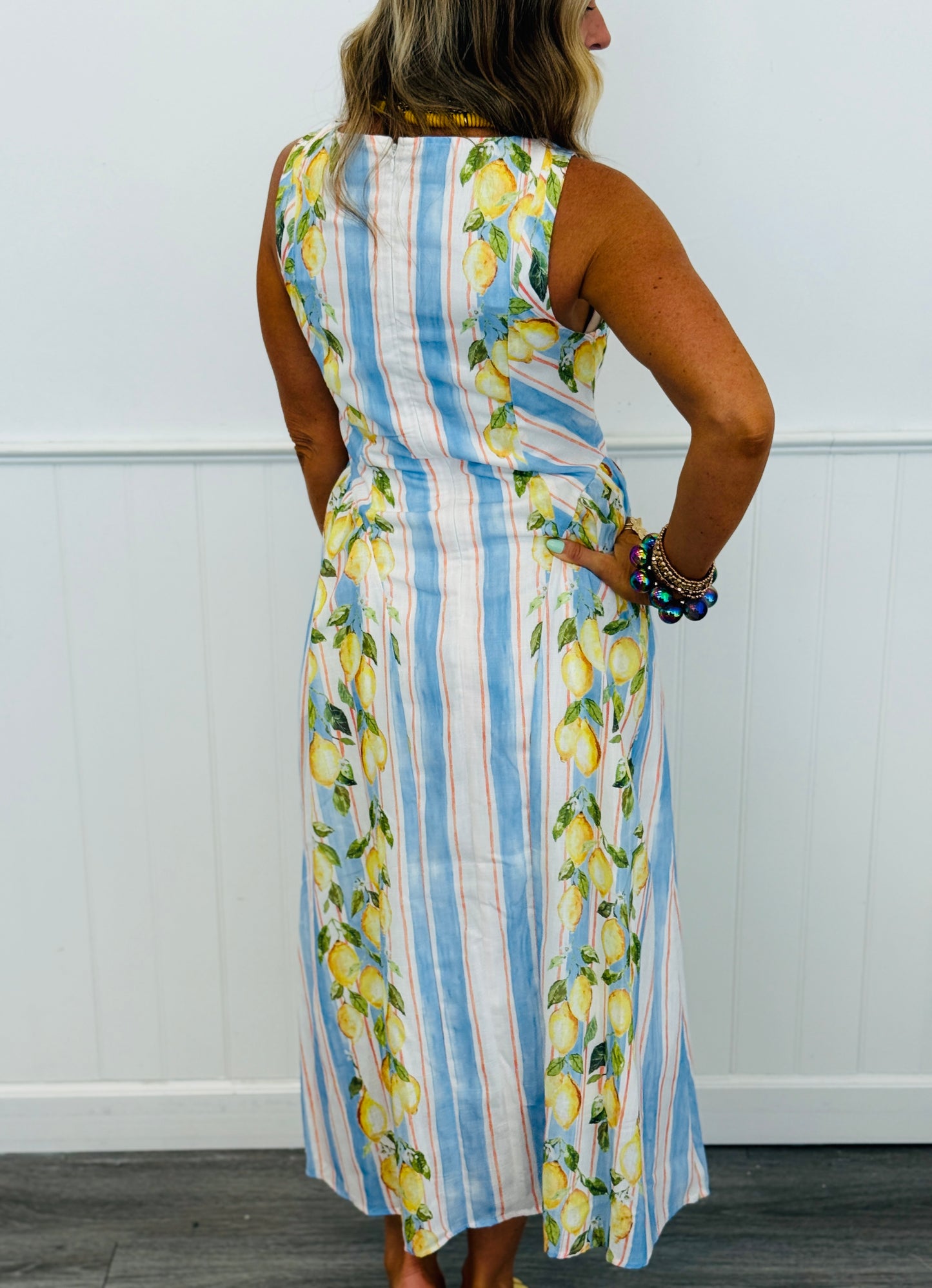 Blue Striped Lemon Print Midi Dress (Reg. and Plus)