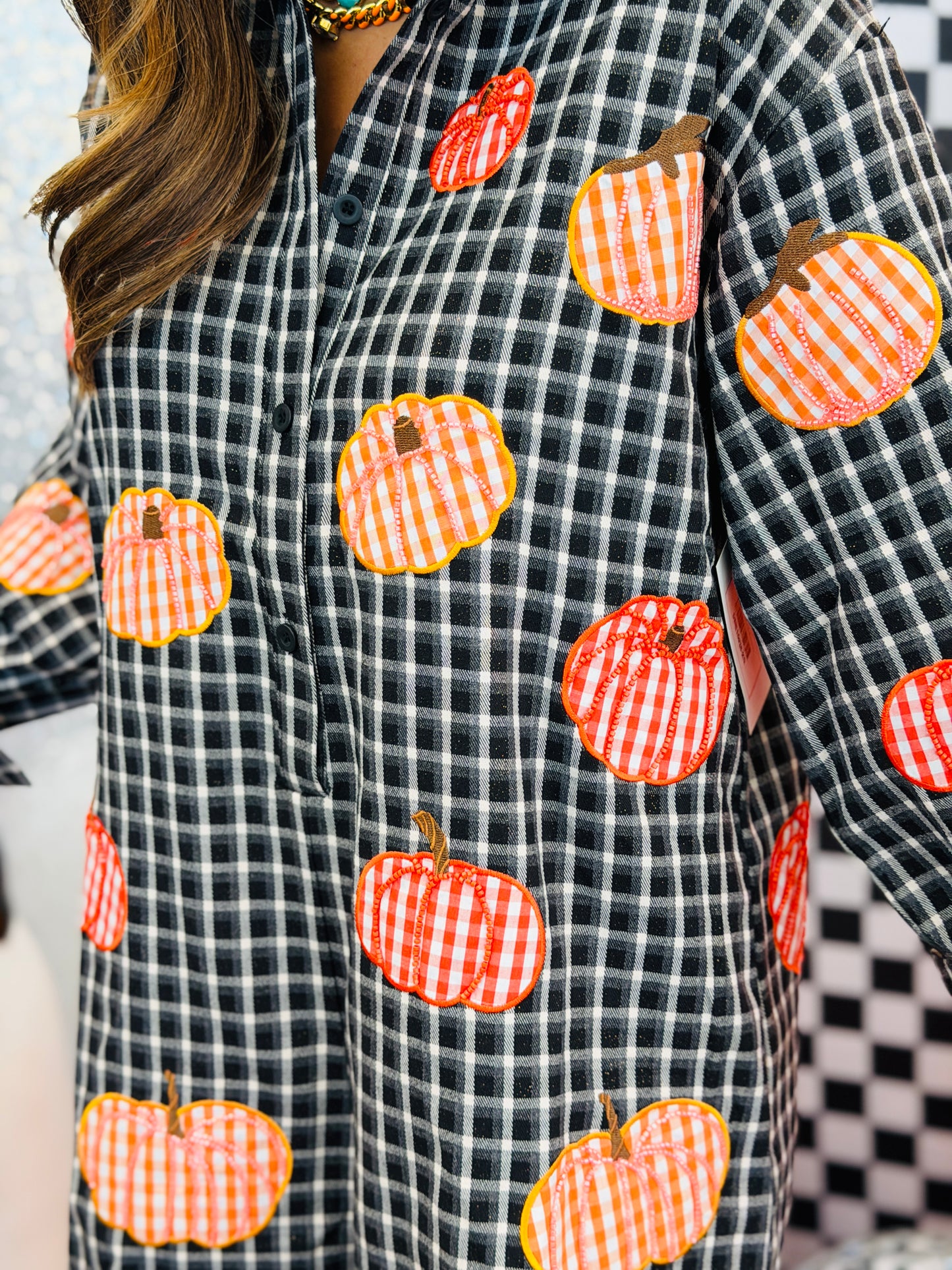 Queen Of Sparkles Black & Orange Gingham Pumpkin Button Up Romper (Reg. and Plus)