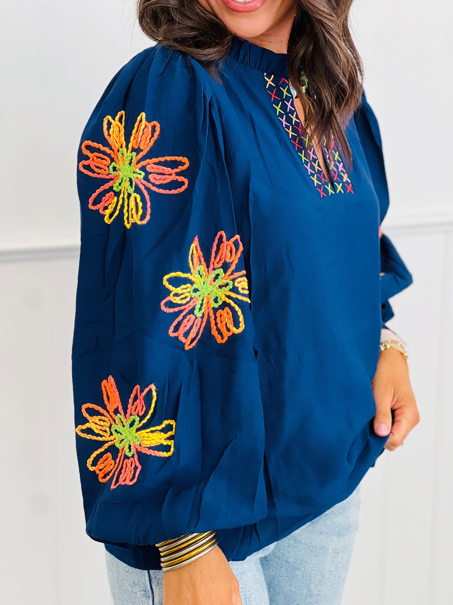 Navy Floral Embroidery Blouse (Reg. and Plus)