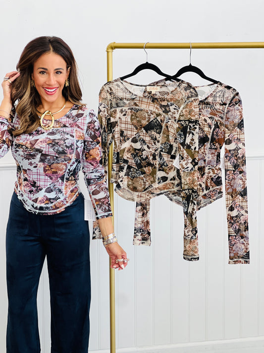 Crew Neck Floral Patchwork Mesh Top (Reg.)-3 Colors