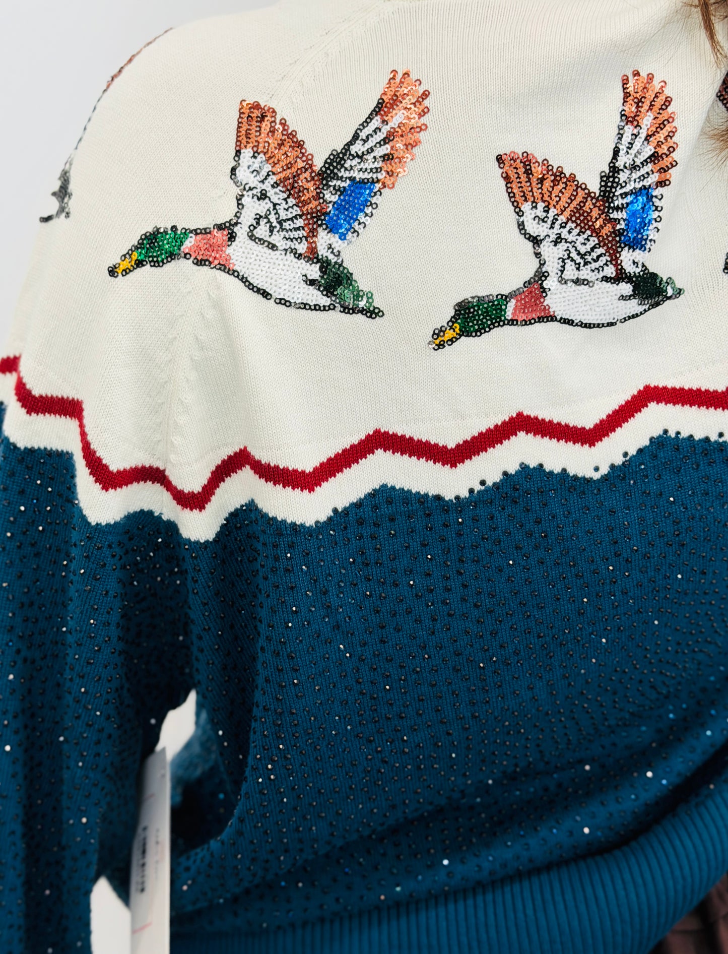 Queen Of Sparkles Blue & Ivory Colorblock Duck Rhinestone Cardigan (Reg. and Plus)