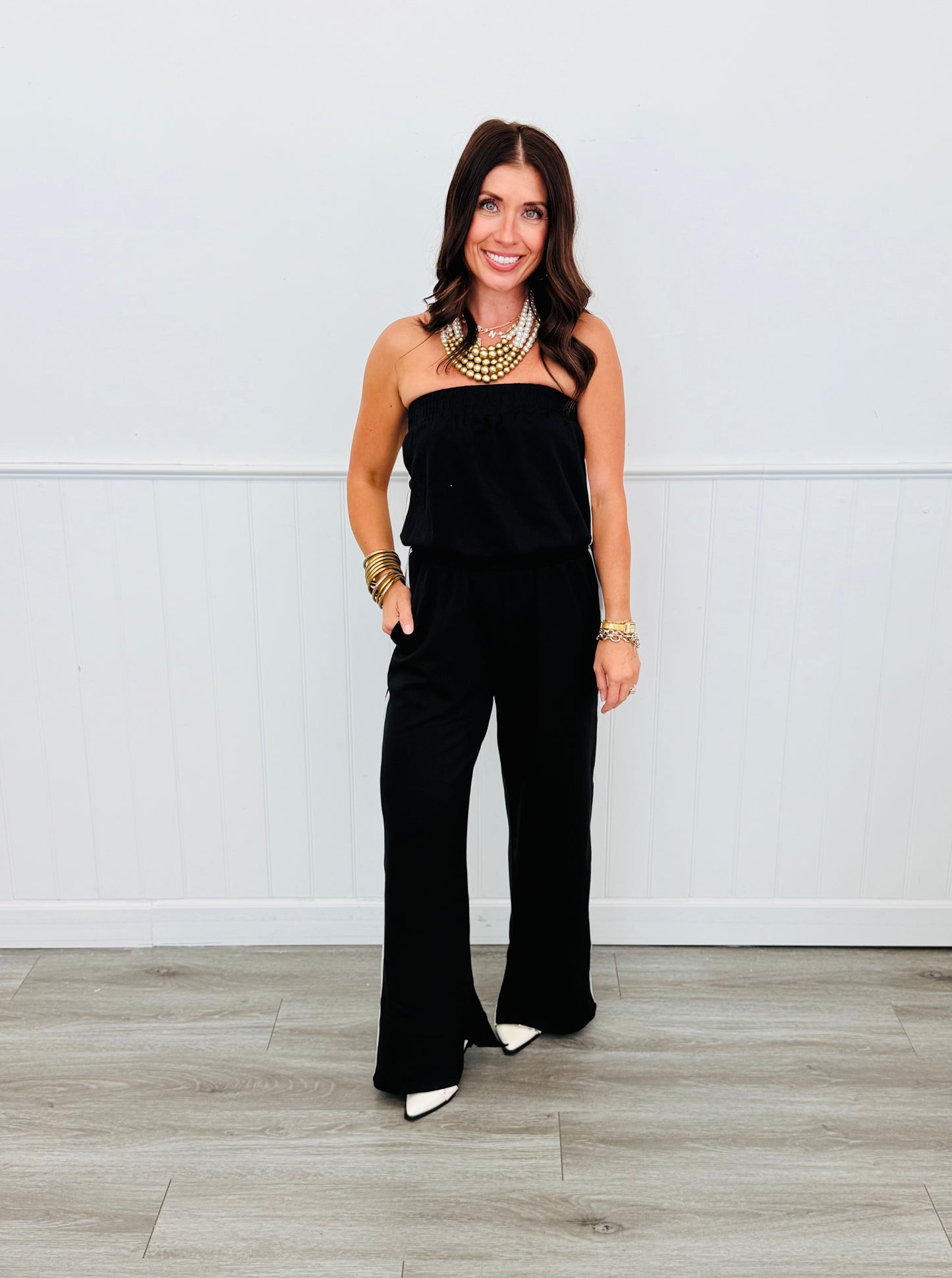 Black Side Stripe Tube Top Jumpsuit (Reg. and Plus)