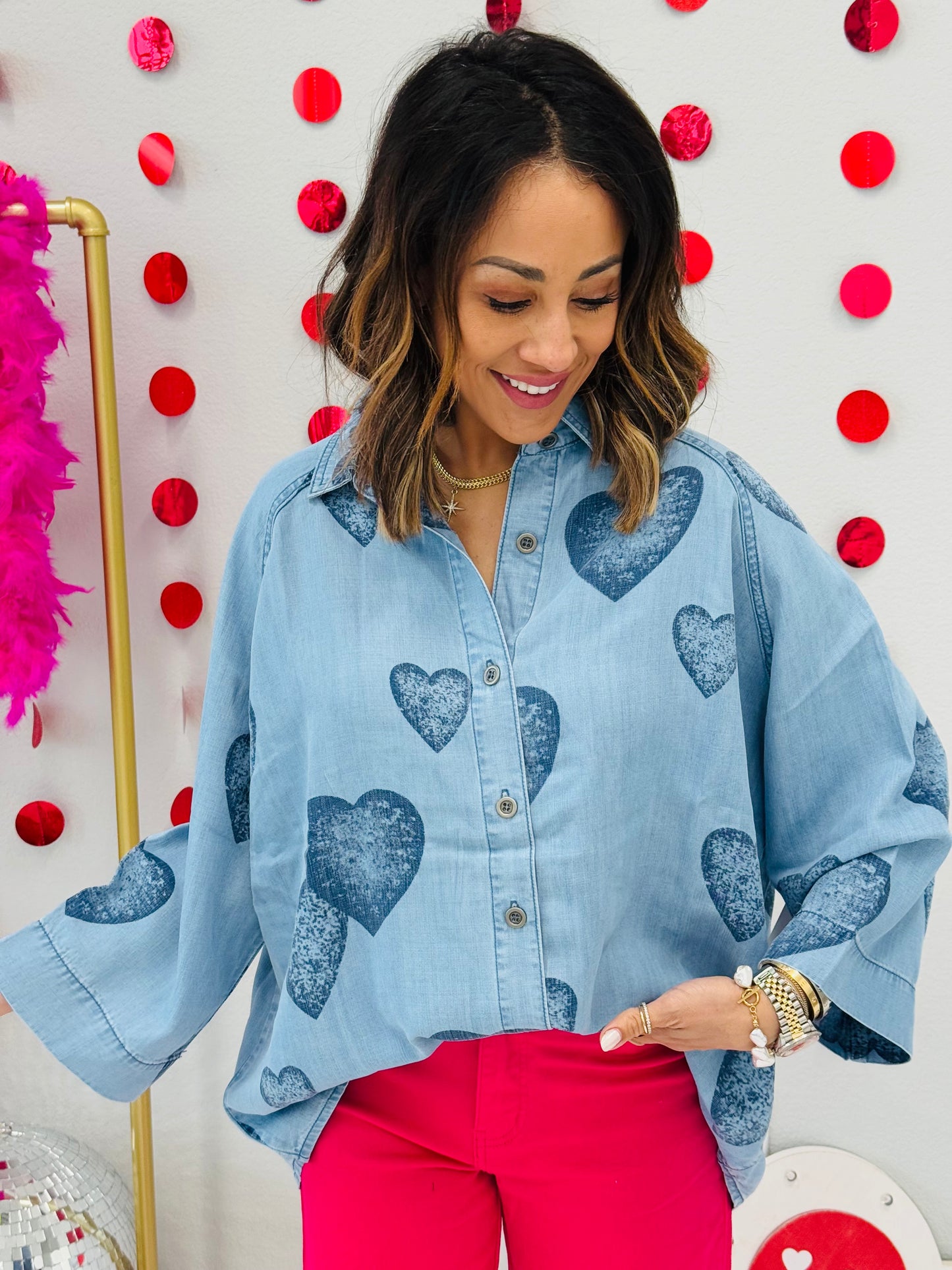 Washed Denim Heart Print Top (Reg.)