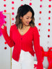 Red Ribbed Shoulder Bows Sweater Cardigan Top (Reg)